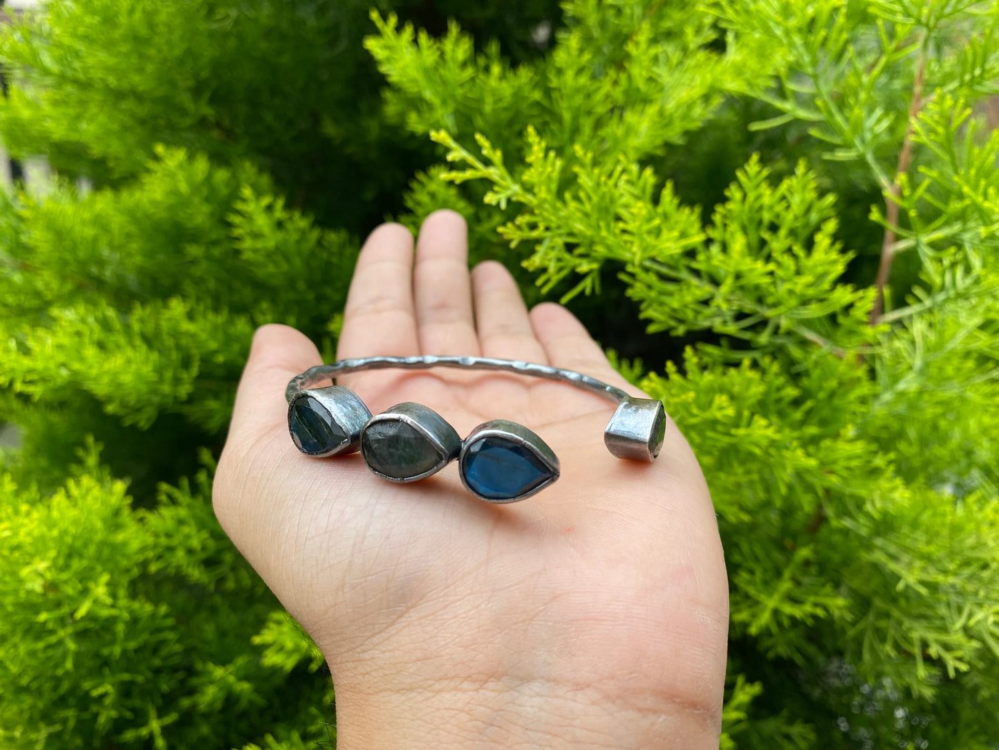 Two Tone Custom Fit Adjustable Gemstone Bangle | Antique Silver Look Hammered Cuff Bracelet, Unique Oxidized Silver Jewelry, Handmade Gifts