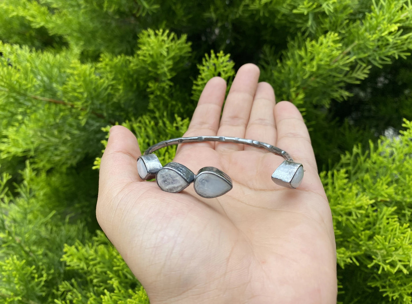 Two Tone Custom Fit Adjustable Gemstone Bangle | Antique Silver Look Hammered Cuff Bracelet, Unique Oxidized Silver Jewelry, Handmade Gifts