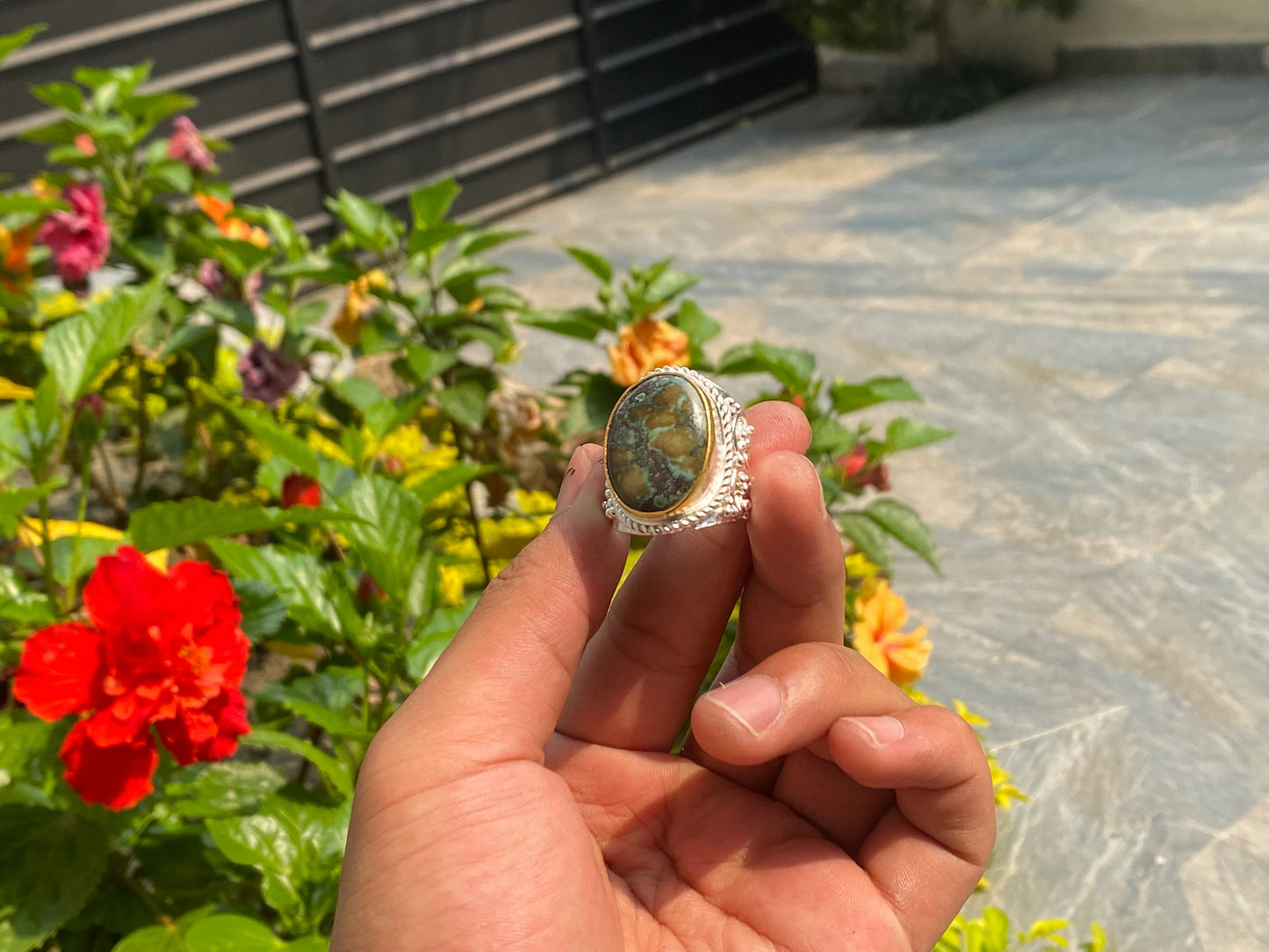 Two Tone Natural Turquoise Ring, Adjustable Ring, Handmade Ring, Silver and Gold Overlay Over Brass.