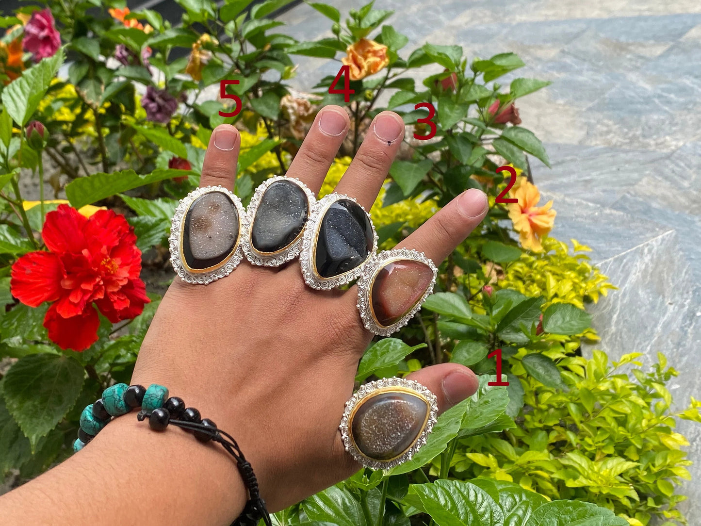 Two toned adjustable ring adorned with Duzy Agate, Aesthetic Ring, Antique Ring.