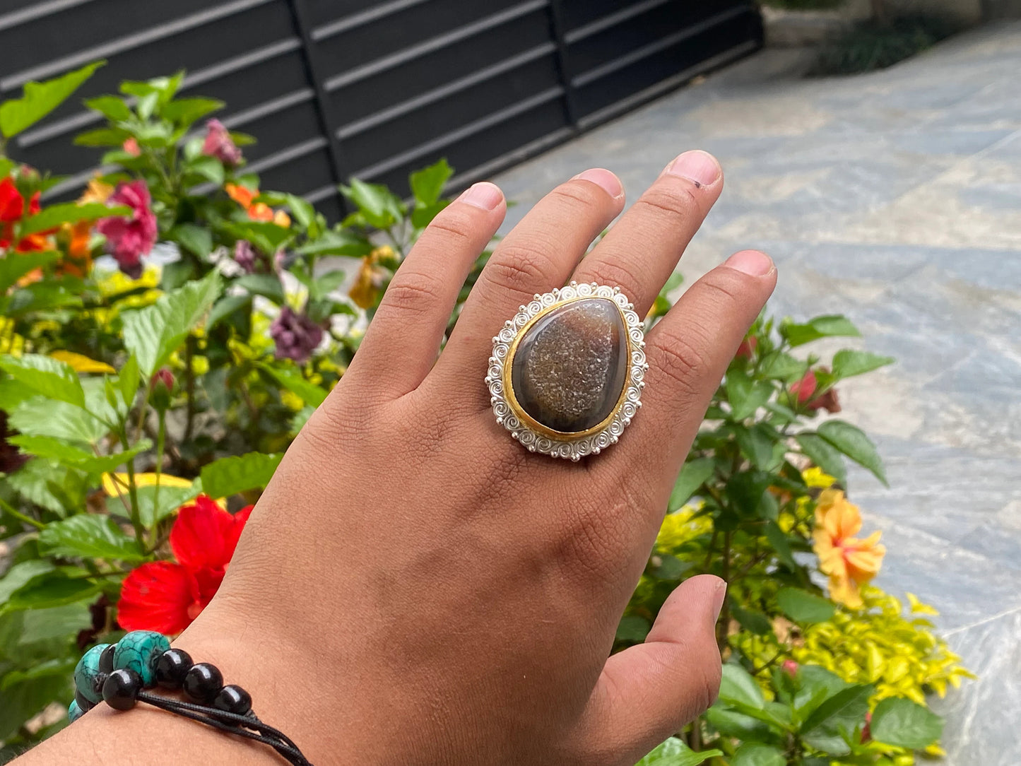 Two toned adjustable ring adorned with Duzy Agate, Aesthetic Ring, Antique Ring.