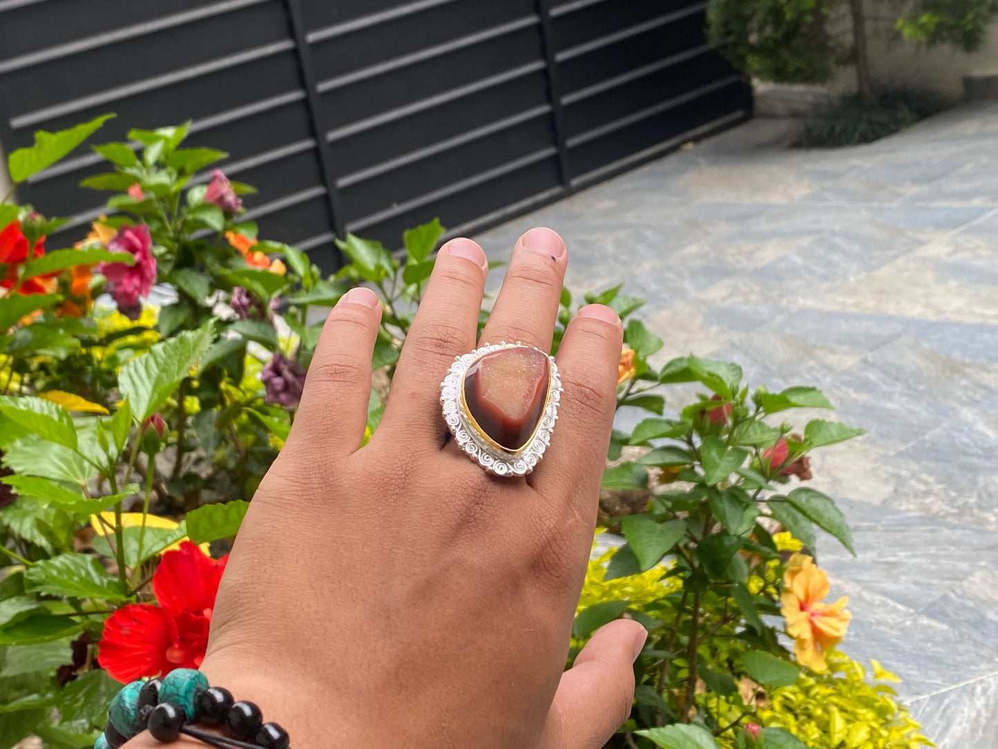 Two toned adjustable ring adorned with Duzy Agate, Aesthetic Ring, Antique Ring.