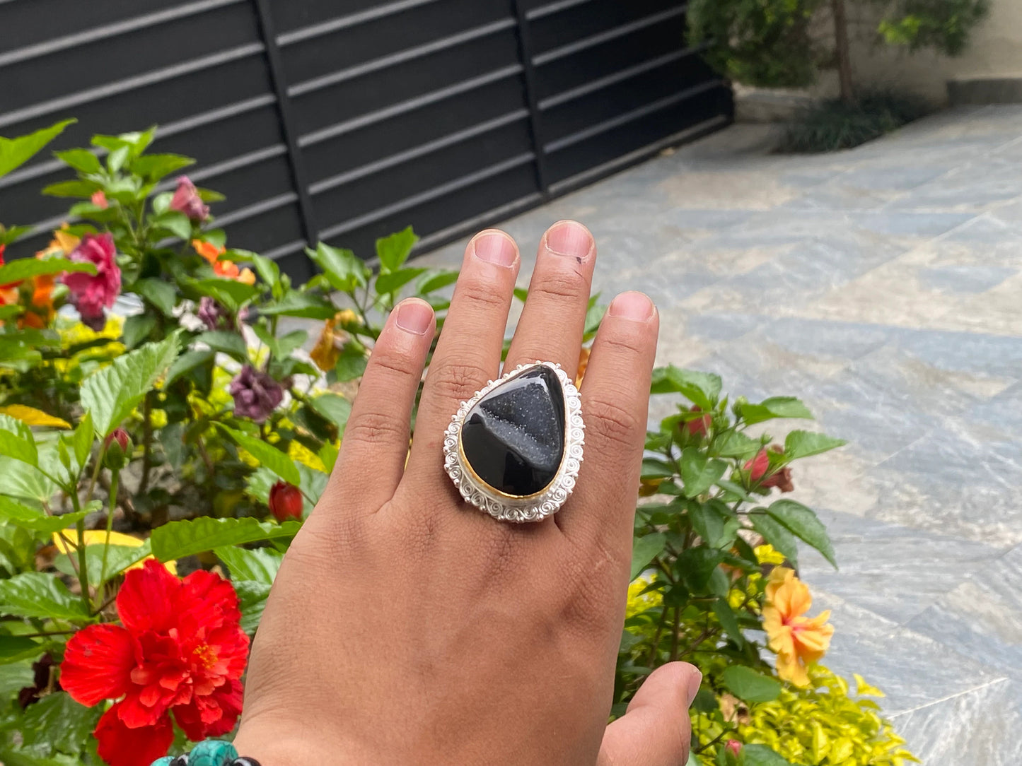 Two toned adjustable ring adorned with Duzy Agate, Aesthetic Ring, Antique Ring.
