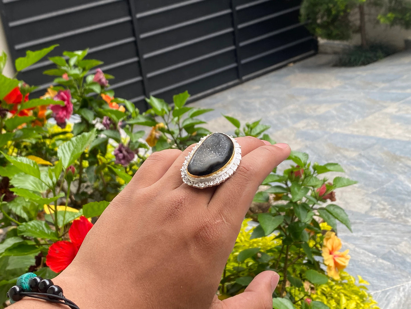 Two toned adjustable ring adorned with Duzy Agate, Aesthetic Ring, Antique Ring.
