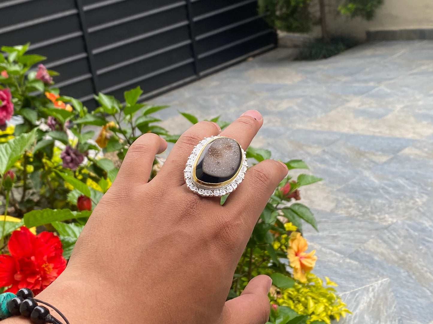 Two toned adjustable ring adorned with Duzy Agate, Aesthetic Ring, Antique Ring.