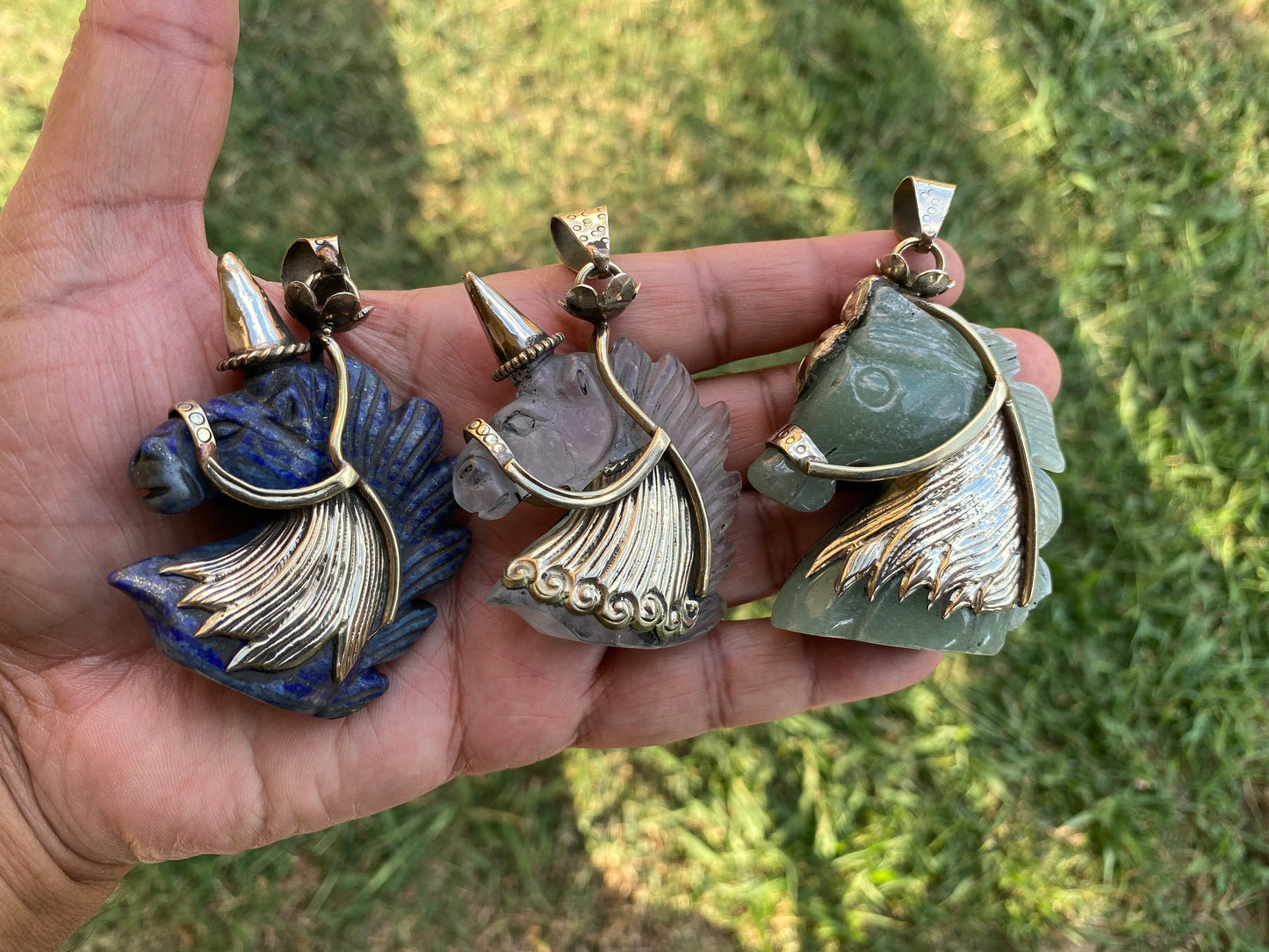 Unicorn Crystal Tibetan Silver Pendant, Lapis Horse Head, Aventurine Unicorn, Protection Amulet, Legendary Symbol, Mystical Gift,