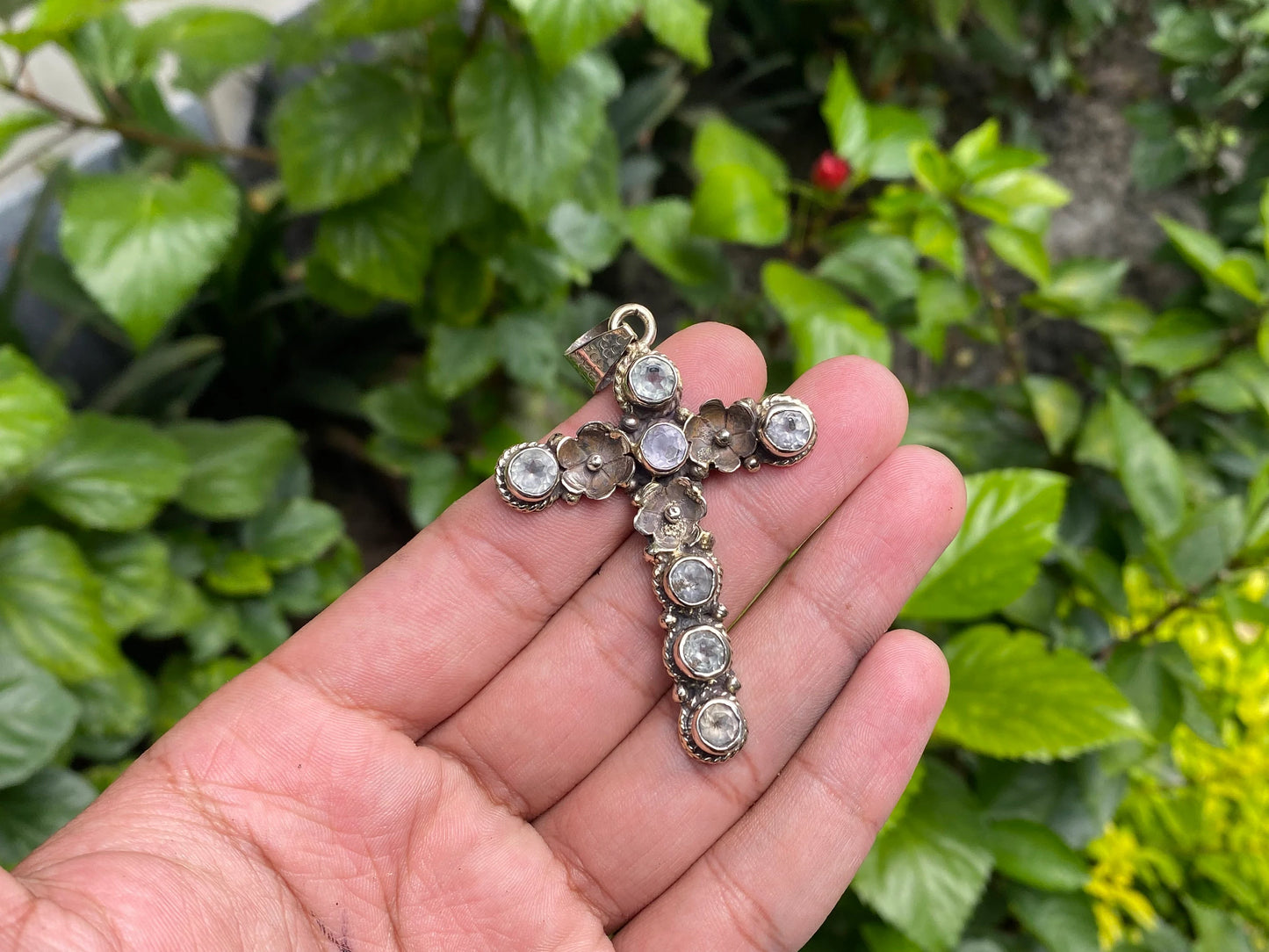 Unique Cross Shaped Pendants for daily wear, Handmade Tibetan Silver Pendant, Natural Gemstone Pendant, Floral Design, Aesthetic Gift ideas.