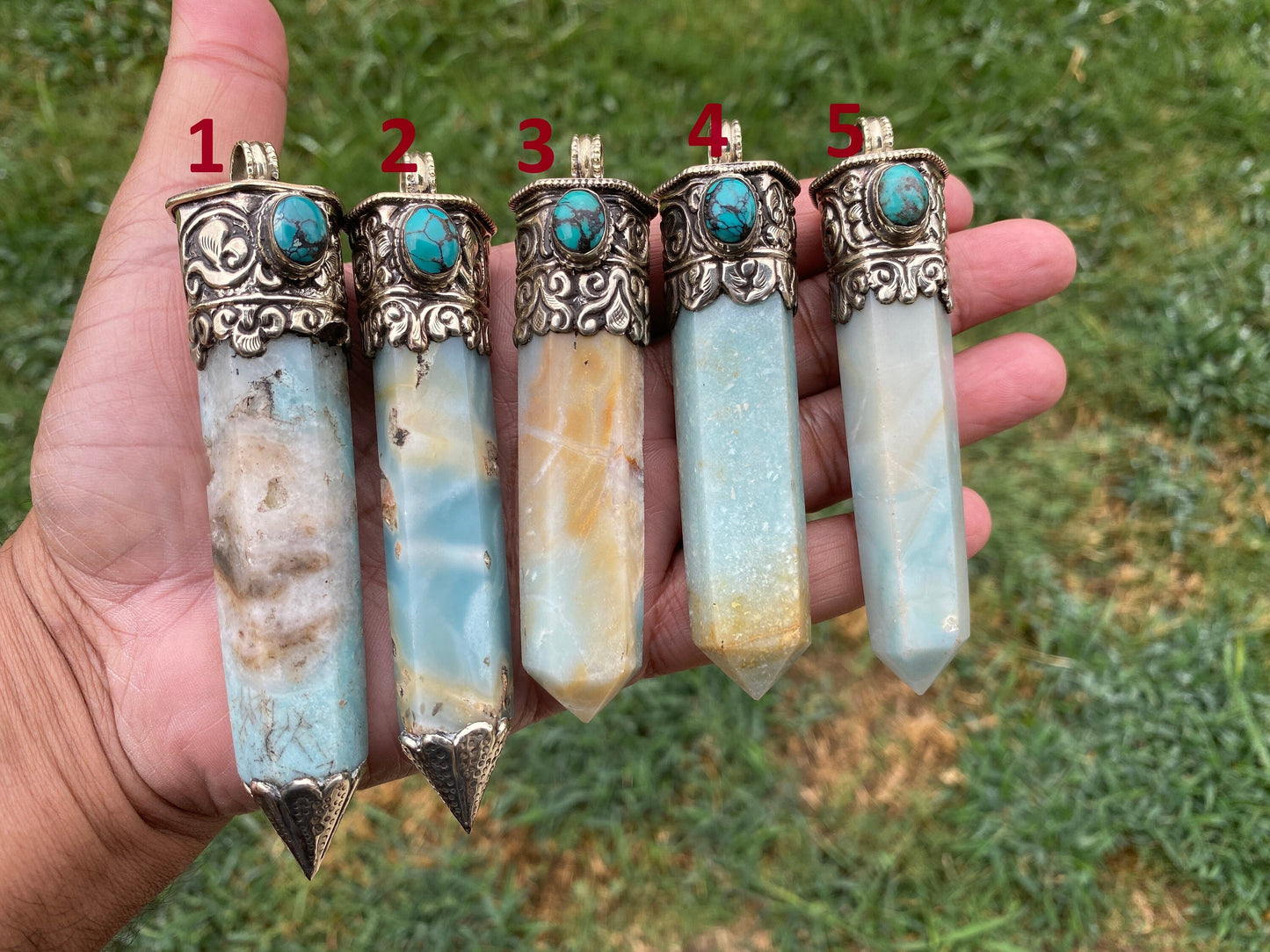 Large Pointed Amazonite with Natural Turquoise Tibetan Silver Pendant, Unique Design, Healing Crystal, Balancing Gem, Unique Jewelry