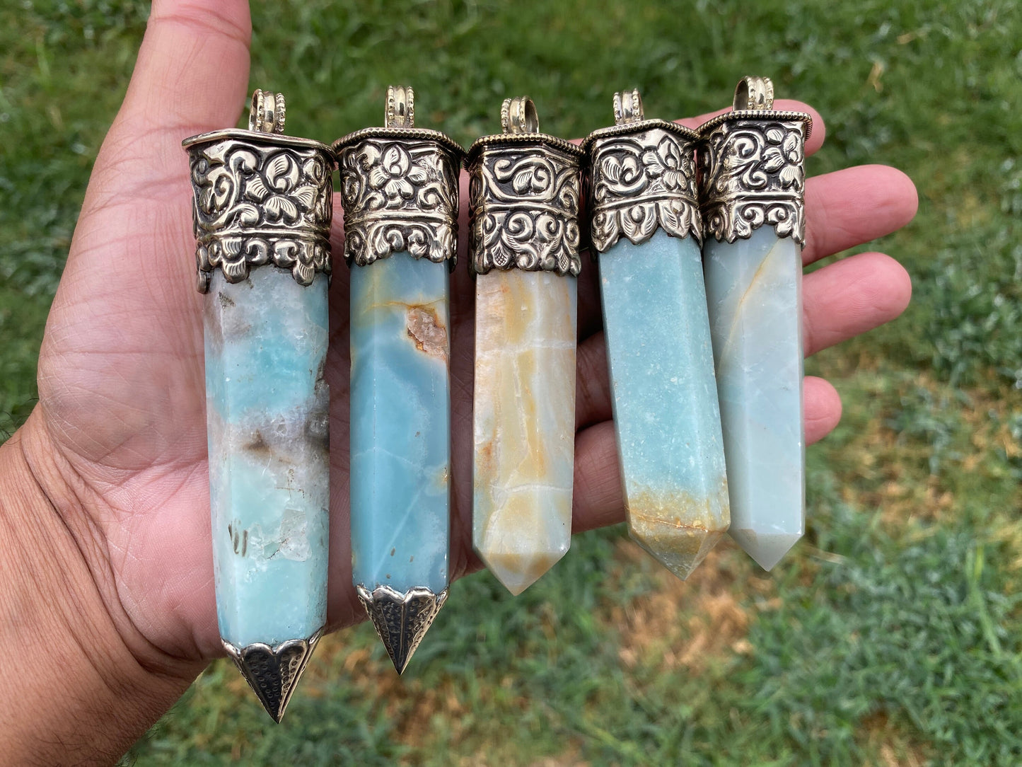 Large Pointed Amazonite with Natural Turquoise Tibetan Silver Pendant, Unique Design, Healing Crystal, Balancing Gem, Unique Jewelry