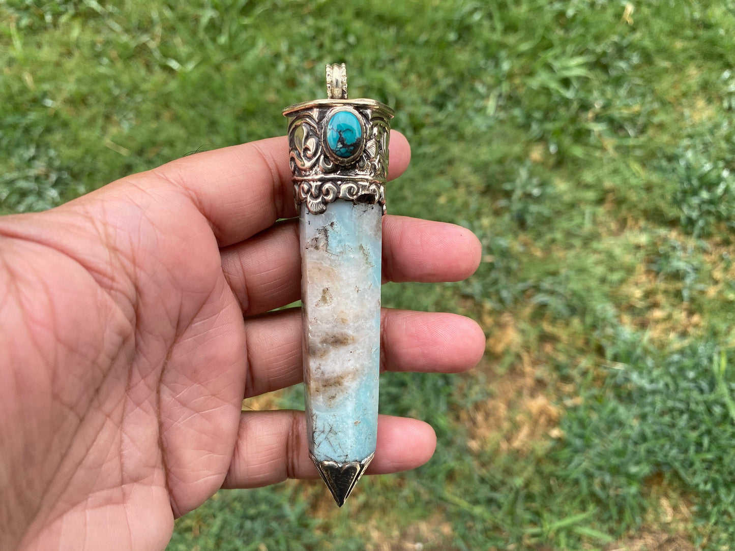 Large Pointed Amazonite with Natural Turquoise Tibetan Silver Pendant, Unique Design, Healing Crystal, Balancing Gem, Unique Jewelry