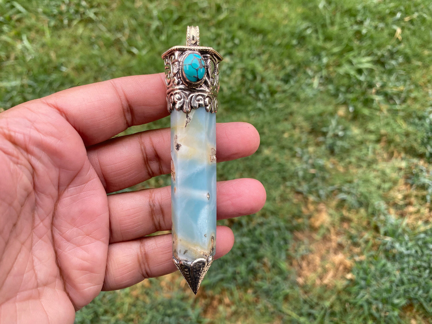 Large Pointed Amazonite with Natural Turquoise Tibetan Silver Pendant, Unique Design, Healing Crystal, Balancing Gem, Unique Jewelry