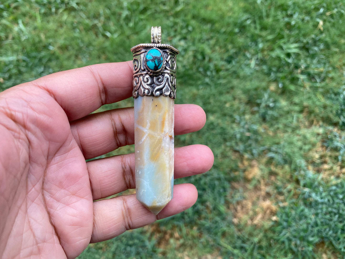 Large Pointed Amazonite with Natural Turquoise Tibetan Silver Pendant, Unique Design, Healing Crystal, Balancing Gem, Unique Jewelry