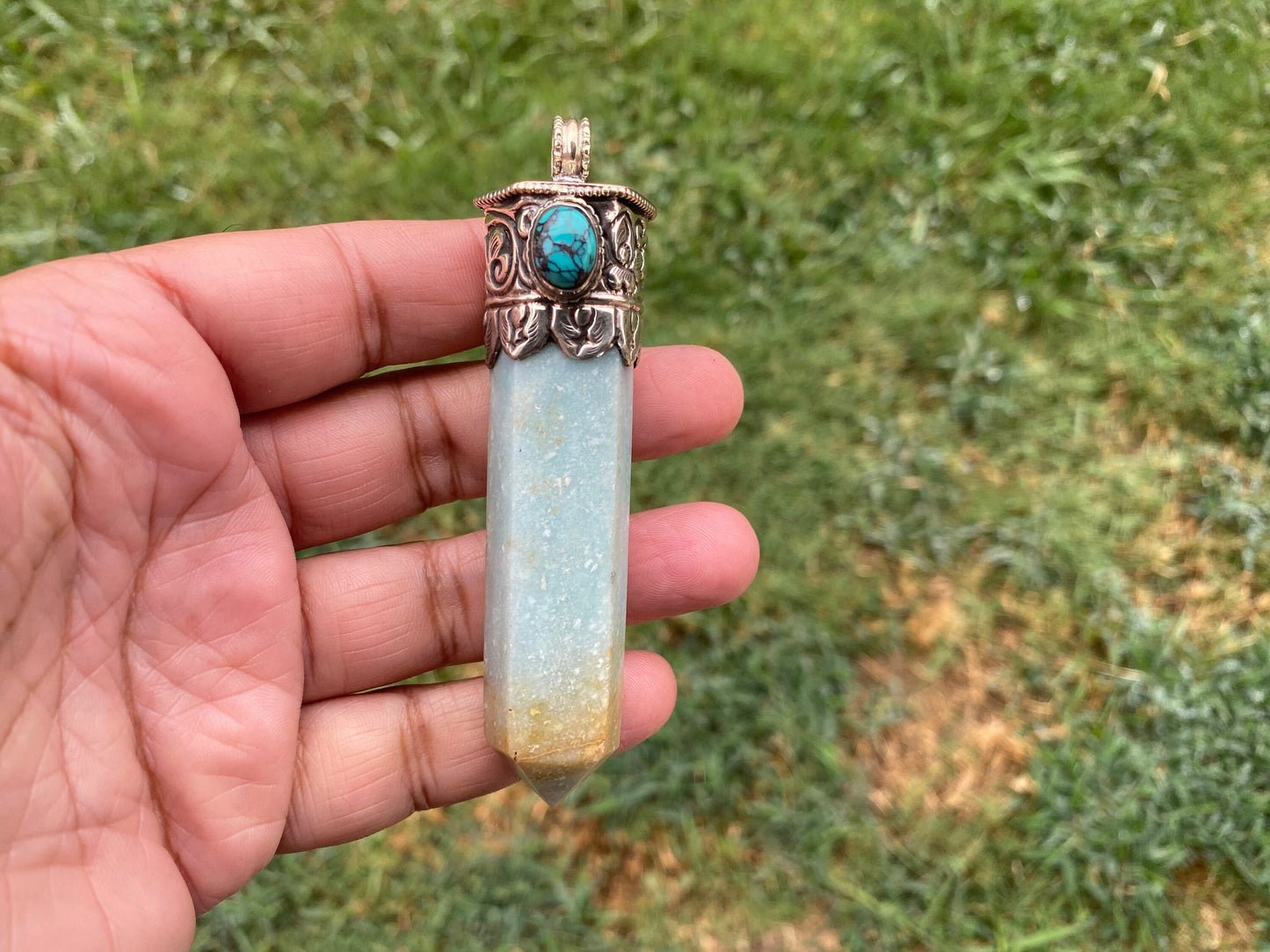 Large Pointed Amazonite with Natural Turquoise Tibetan Silver Pendant, Unique Design, Healing Crystal, Balancing Gem, Unique Jewelry