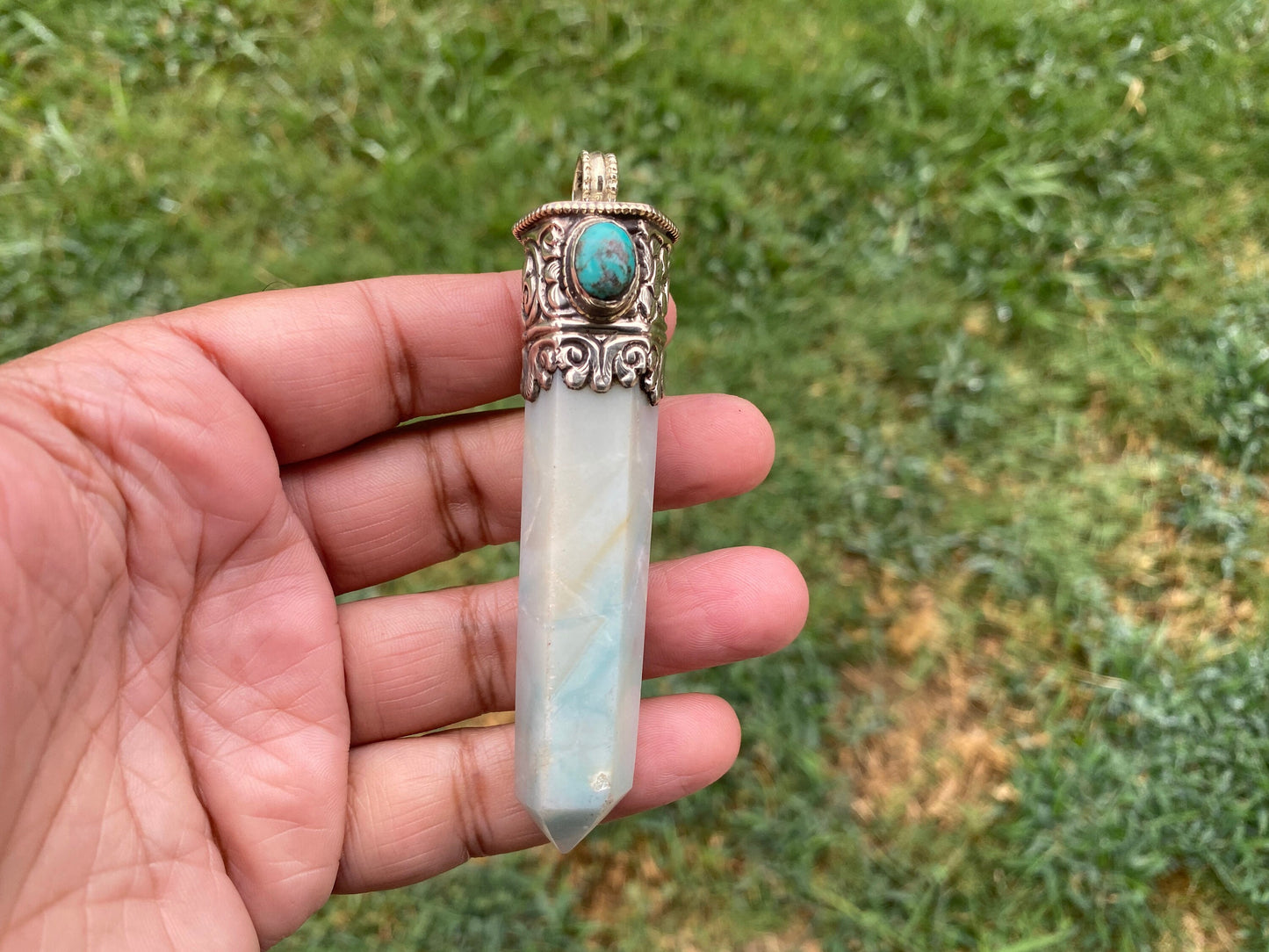 Large Pointed Amazonite with Natural Turquoise Tibetan Silver Pendant, Unique Design, Healing Crystal, Balancing Gem, Unique Jewelry