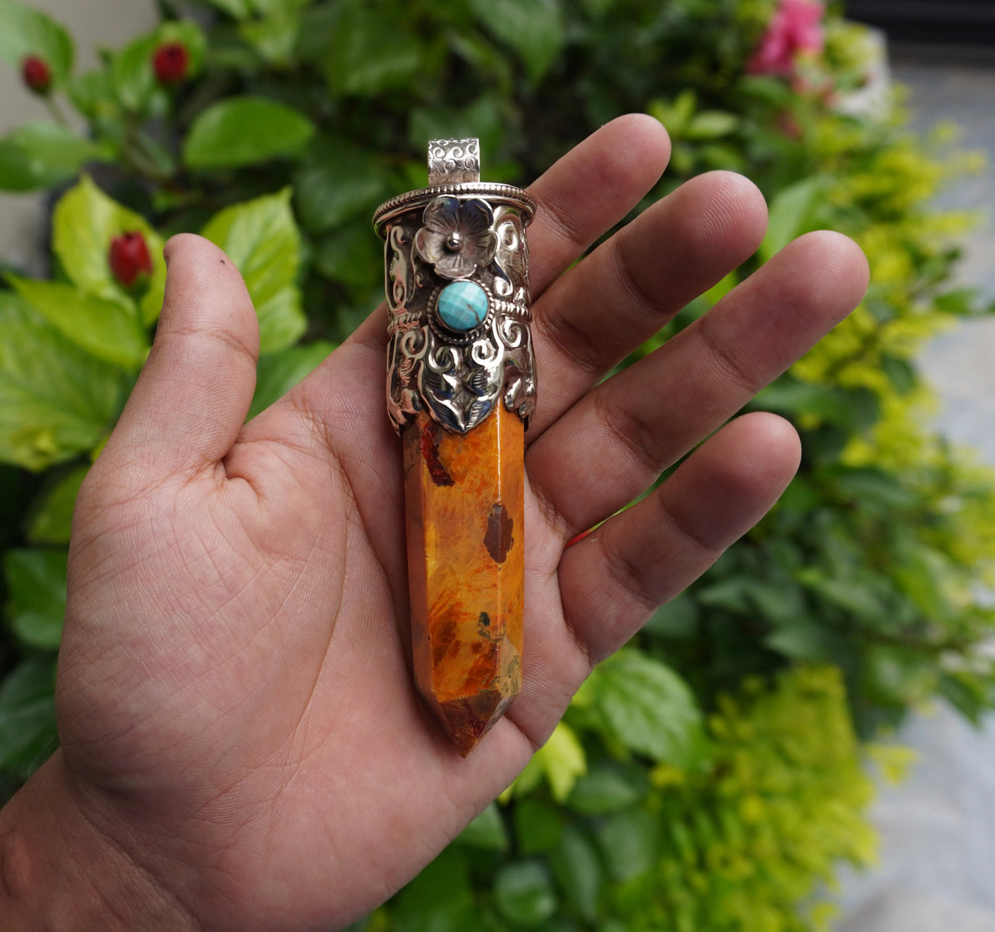 Unique Gemstone Artistry: Earthy Yellow Jasper Tower Pendant with Tibetan Silver Accents, Healing Properties, Perfect for gift, Collectible