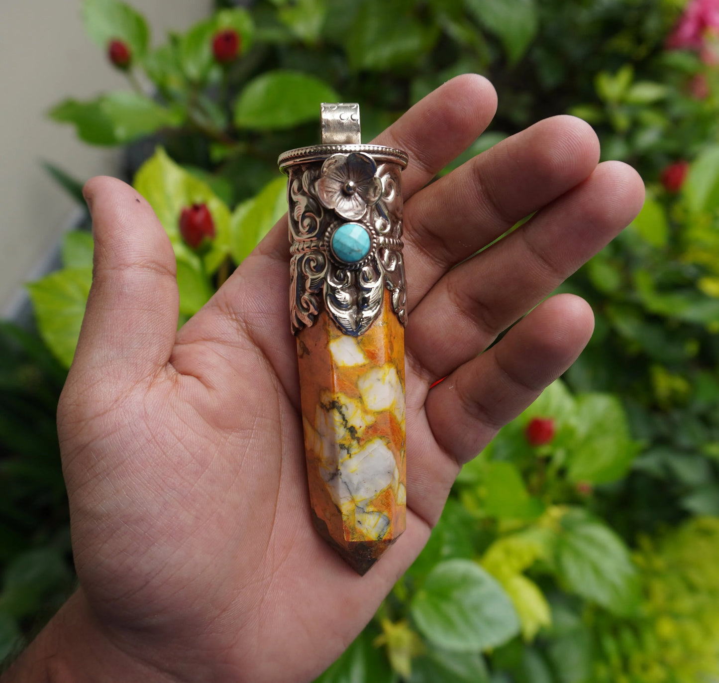 Unique Gemstone Artistry: Earthy Yellow Jasper Tower Pendant with Tibetan Silver Accents, Healing Properties, Perfect for gift, Collectible