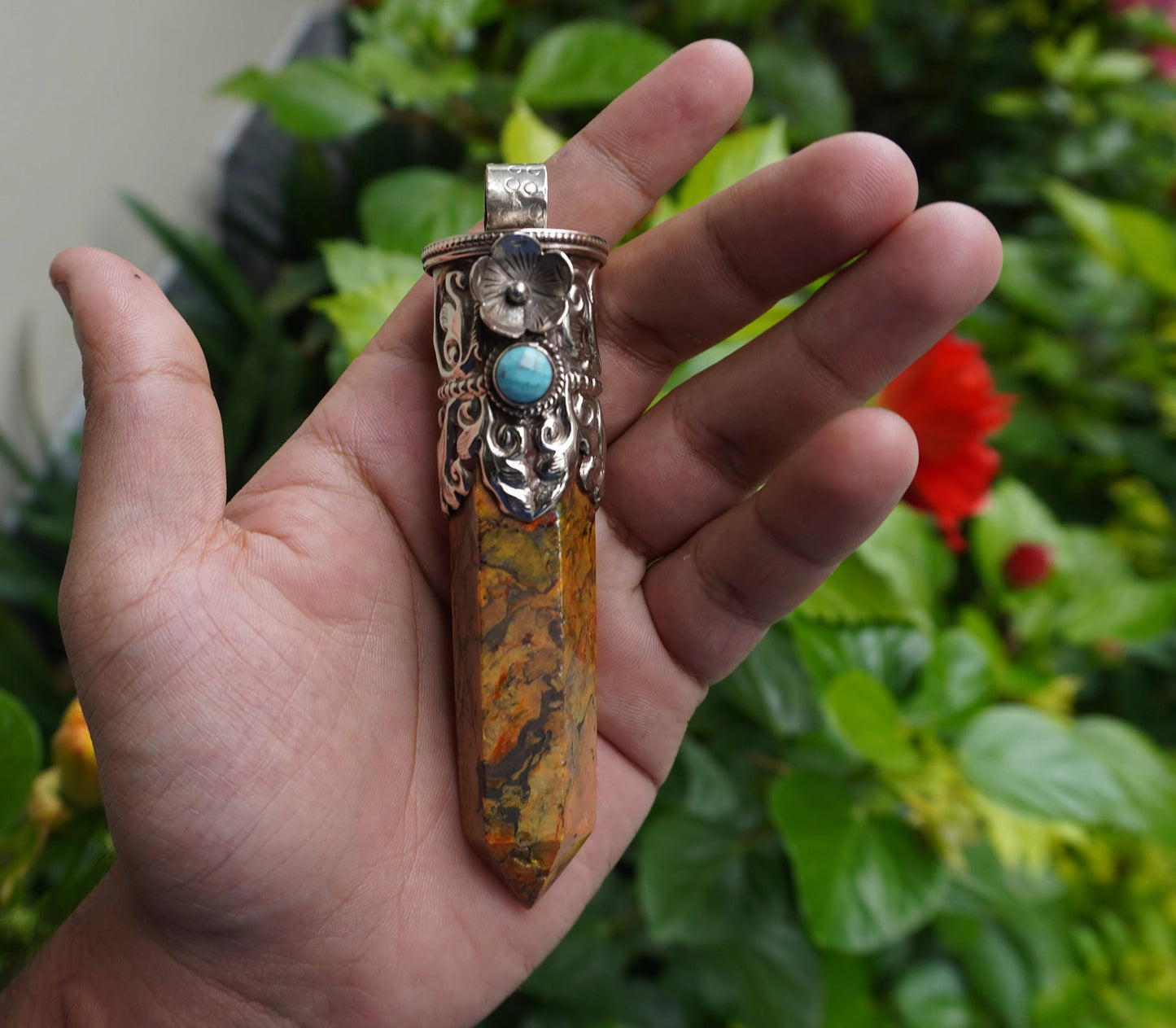 Unique Gemstone Artistry: Earthy Yellow Jasper Tower Pendant with Tibetan Silver Accents, Healing Properties, Perfect for gift, Collectible
