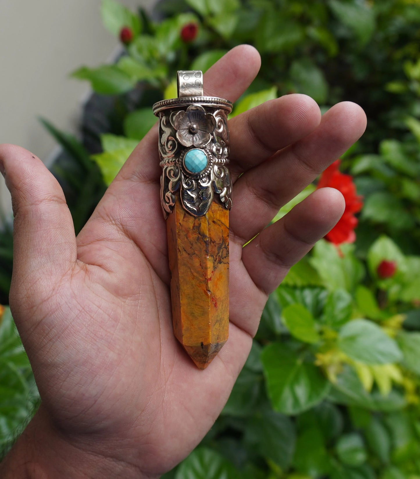 Unique Gemstone Artistry: Earthy Yellow Jasper Tower Pendant with Tibetan Silver Accents, Healing Properties, Perfect for gift, Collectible