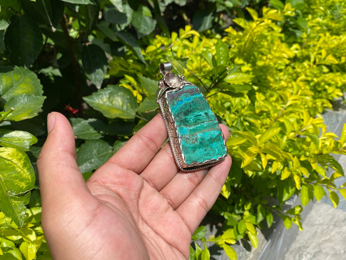 Unique Handmade Healing Raw Chrysocolla Pendant – Unisex Boho Chic Jewelry, Natural Gemstone Pendant, Perfect for gift, Hammered pendant.