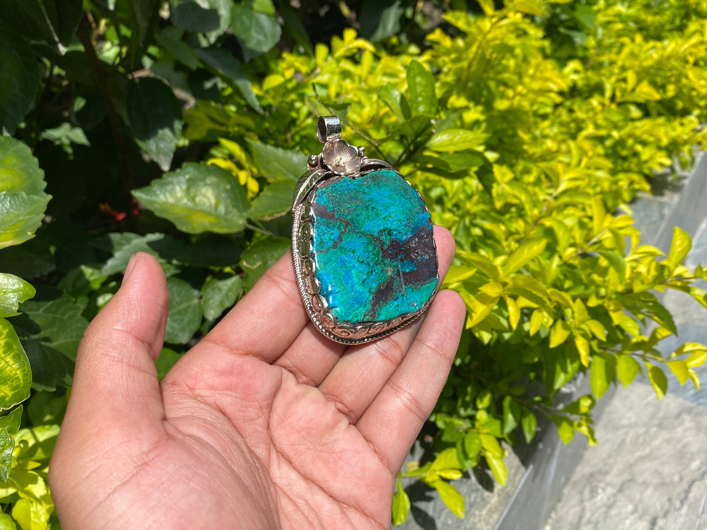 Unique Handmade Healing Raw Chrysocolla Pendant – Unisex Boho Chic Jewelry, Natural Gemstone Pendant, Perfect for gift, Hammered pendant.