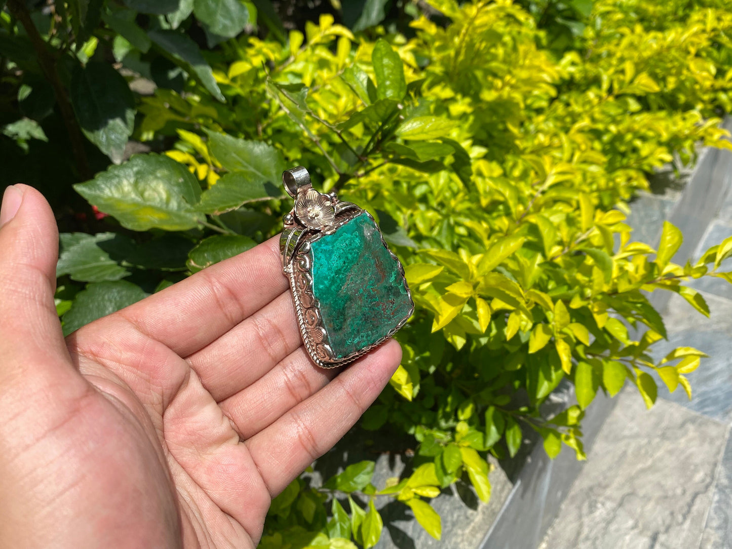 Unique Handmade Healing Raw Chrysocolla Pendant – Unisex Boho Chic Jewelry, Natural Gemstone Pendant, Perfect for gift, Hammered pendant.