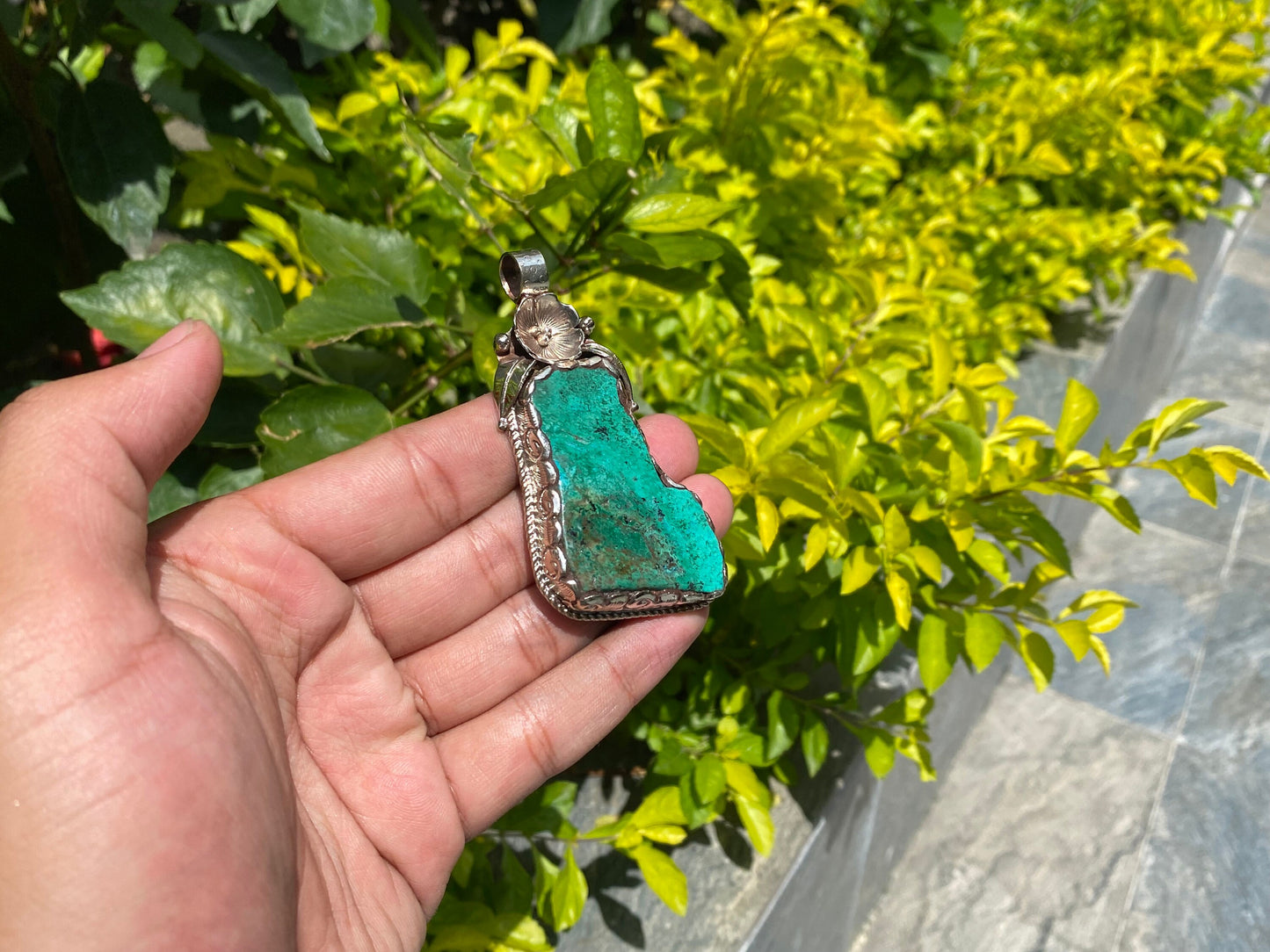 Unique Handmade Healing Raw Chrysocolla Pendant – Unisex Boho Chic Jewelry, Natural Gemstone Pendant, Perfect for gift, Hammered pendant.