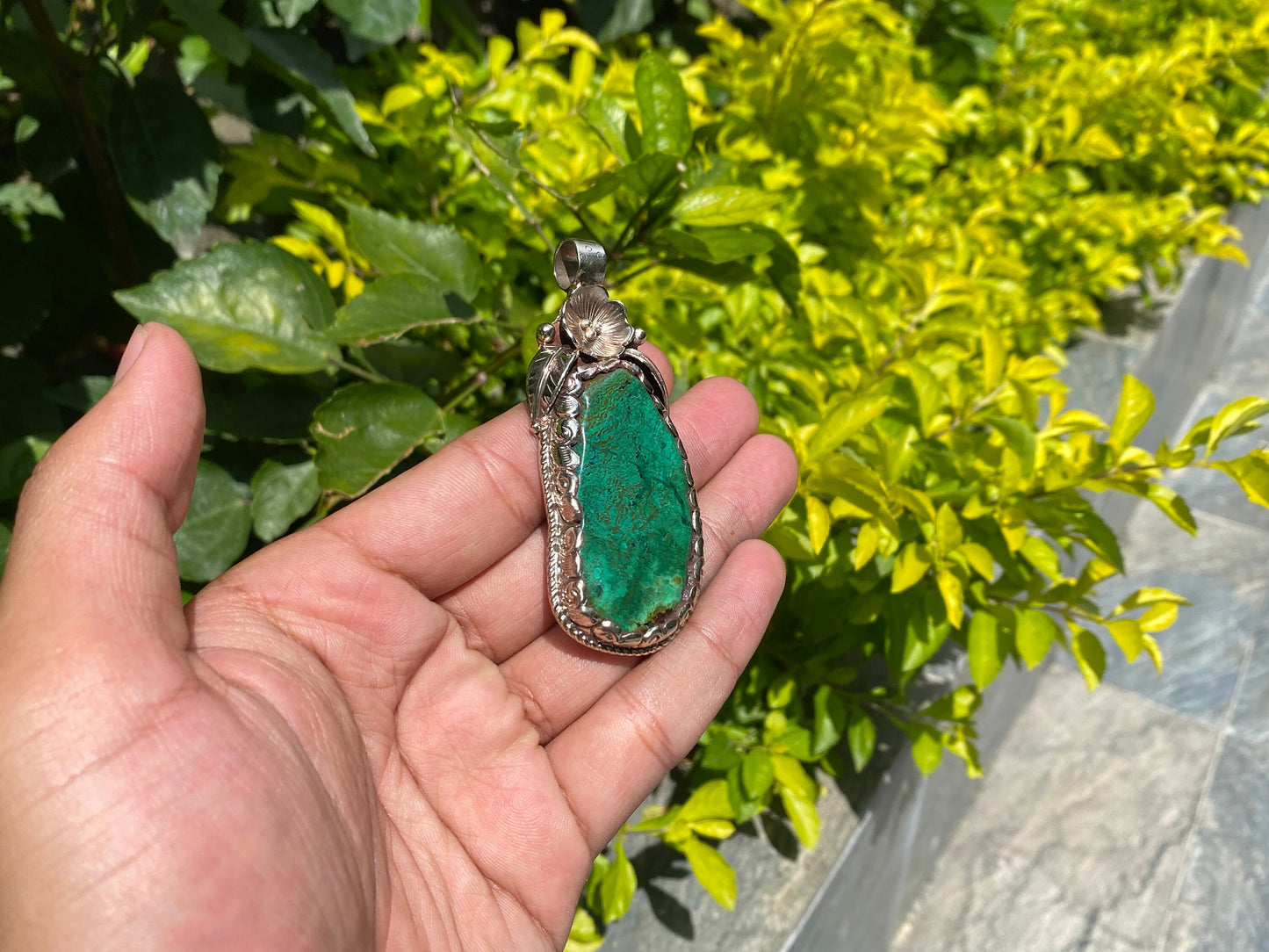 Unique Handmade Healing Raw Chrysocolla Pendant – Unisex Boho Chic Jewelry, Natural Gemstone Pendant, Perfect for gift, Hammered pendant.
