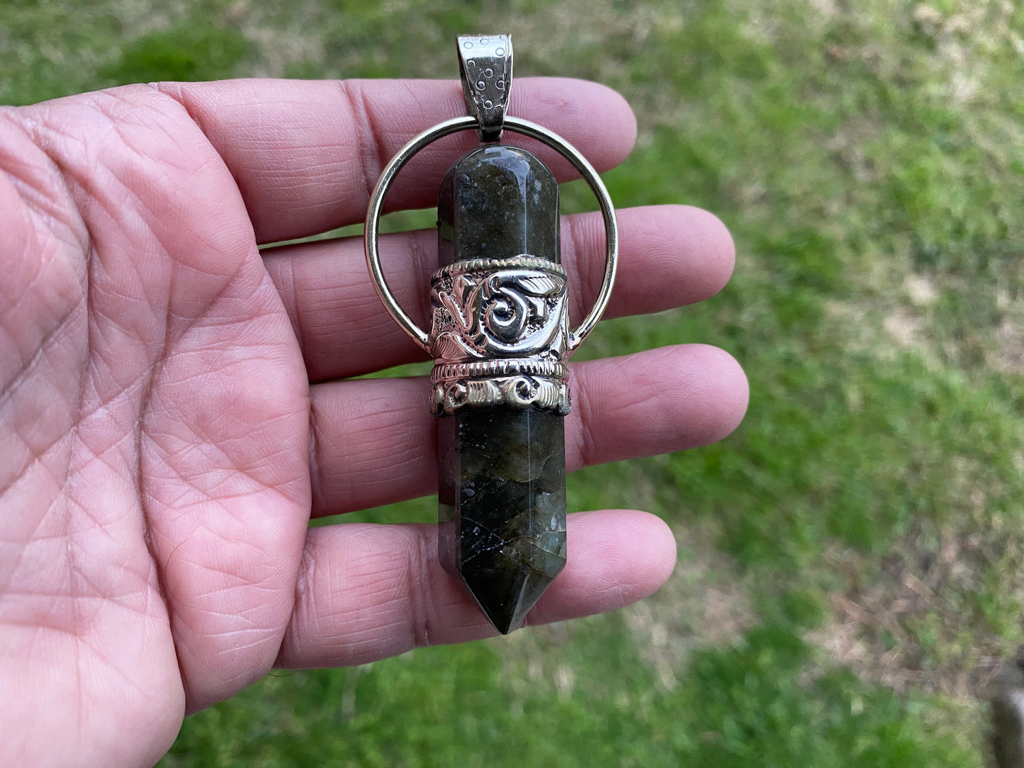 Large Point Labradorite Natural Stone Tibetan Silver Pendant, Unique Jewelry, Healing Crystal, Spiritual Protection Healing Calming Jewelry