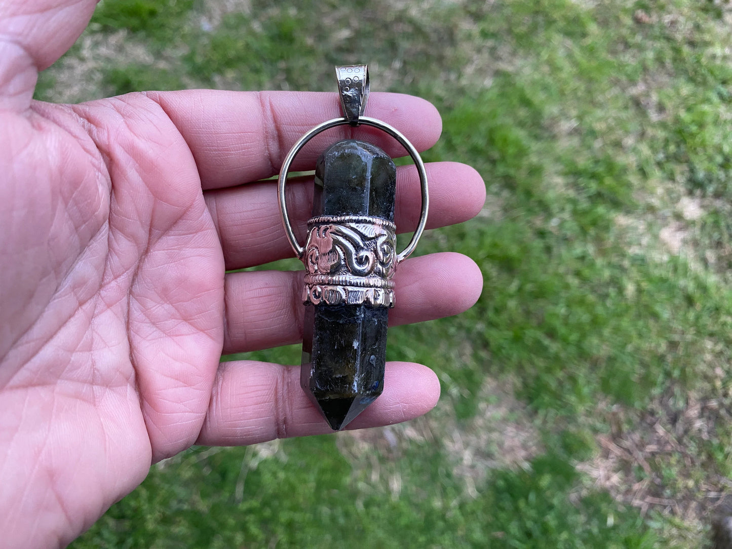 Large Point Labradorite Natural Stone Tibetan Silver Pendant, Unique Jewelry, Healing Crystal, Spiritual Protection Healing Calming Jewelry