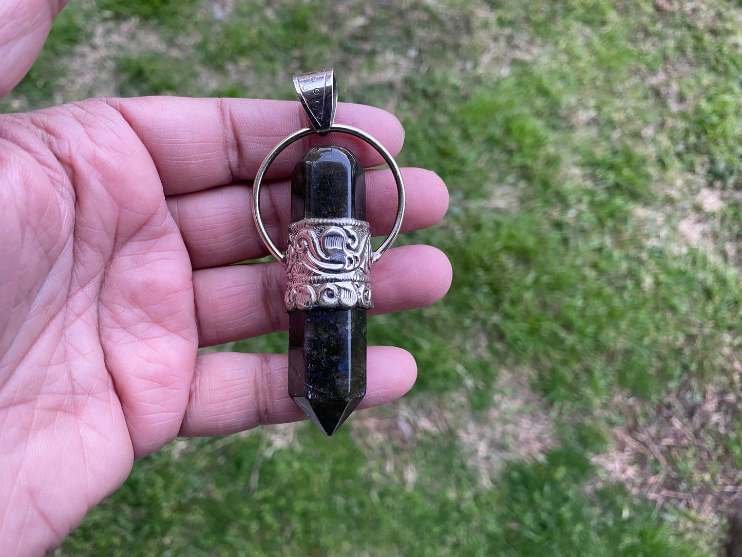 Large Point Labradorite Natural Stone Tibetan Silver Pendant, Unique Jewelry, Healing Crystal, Spiritual Protection Healing Calming Jewelry