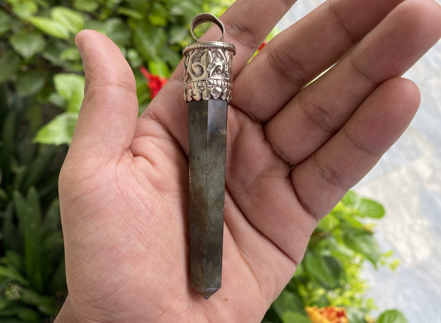 Daily Elegance: Unique Labradorite Pendant with Pointed Design, Floral design on Tibetan Silver, Natural gemstone pendant, Made in Nepal.