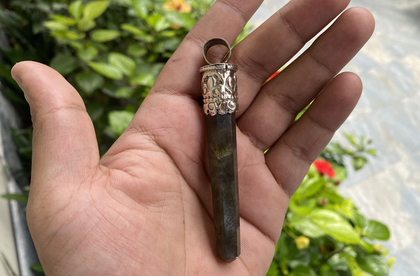 Daily Elegance: Unique Labradorite Pendant with Pointed Design, Floral design on Tibetan Silver, Natural gemstone pendant, Made in Nepal.