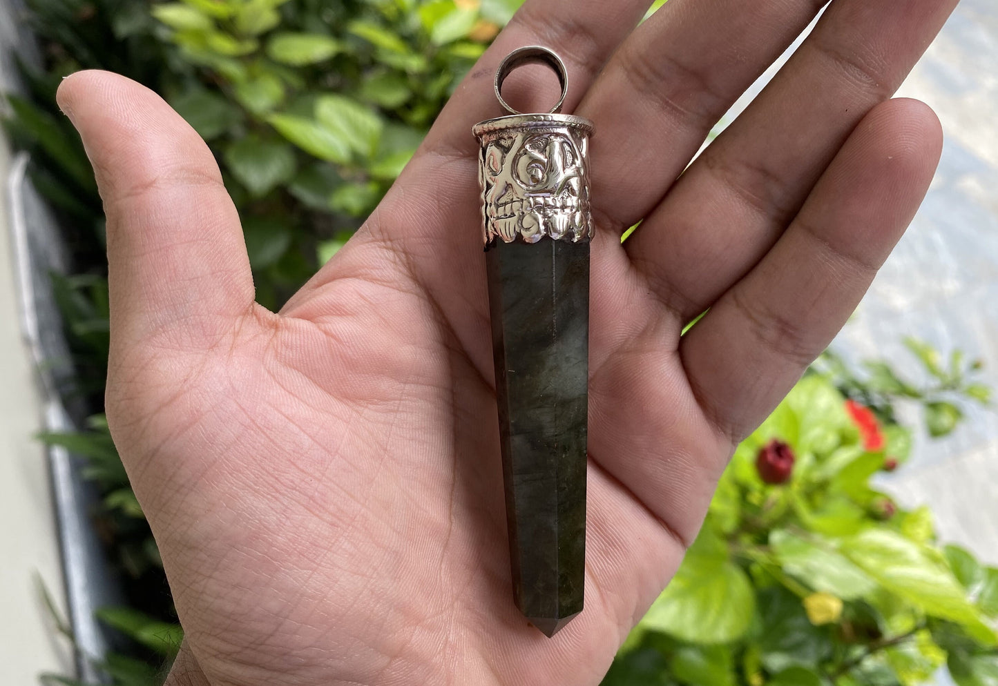Daily Elegance: Unique Labradorite Pendant with Pointed Design, Floral design on Tibetan Silver, Natural gemstone pendant, Made in Nepal.