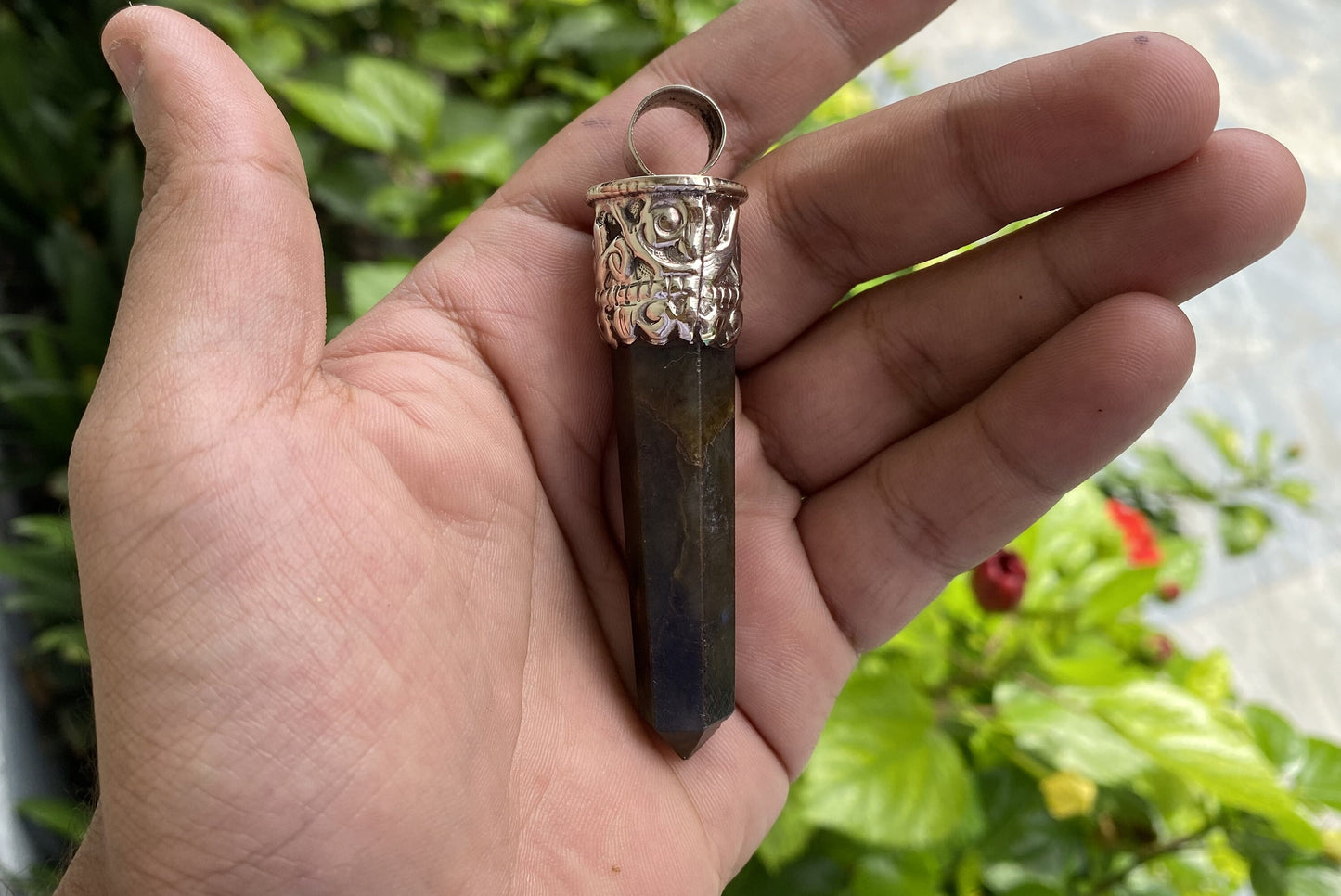 Daily Elegance: Unique Labradorite Pendant with Pointed Design, Floral design on Tibetan Silver, Natural gemstone pendant, Made in Nepal.