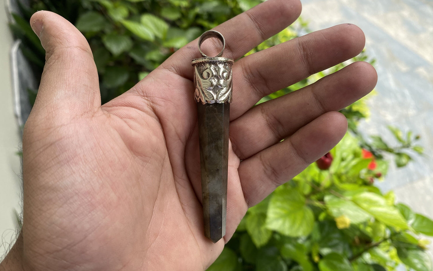 Daily Elegance: Unique Labradorite Pendant with Pointed Design, Floral design on Tibetan Silver, Natural gemstone pendant, Made in Nepal.