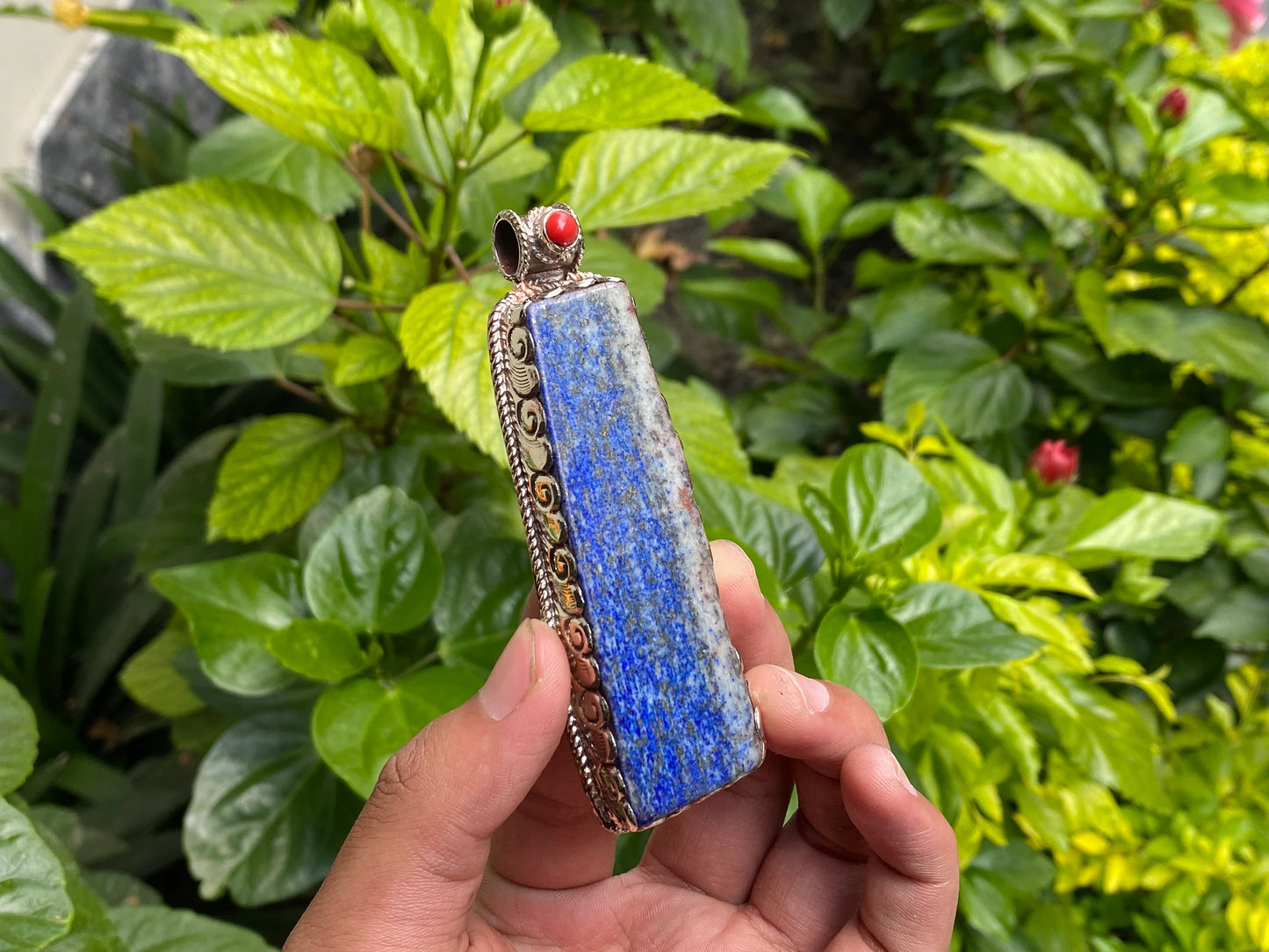 Unique Raw Lapis Pendant adorned with Red Coral and Tibetan Silver, Daily wear Pendant, Handmade Floral Design, Unisex Pendant, Unique gift.