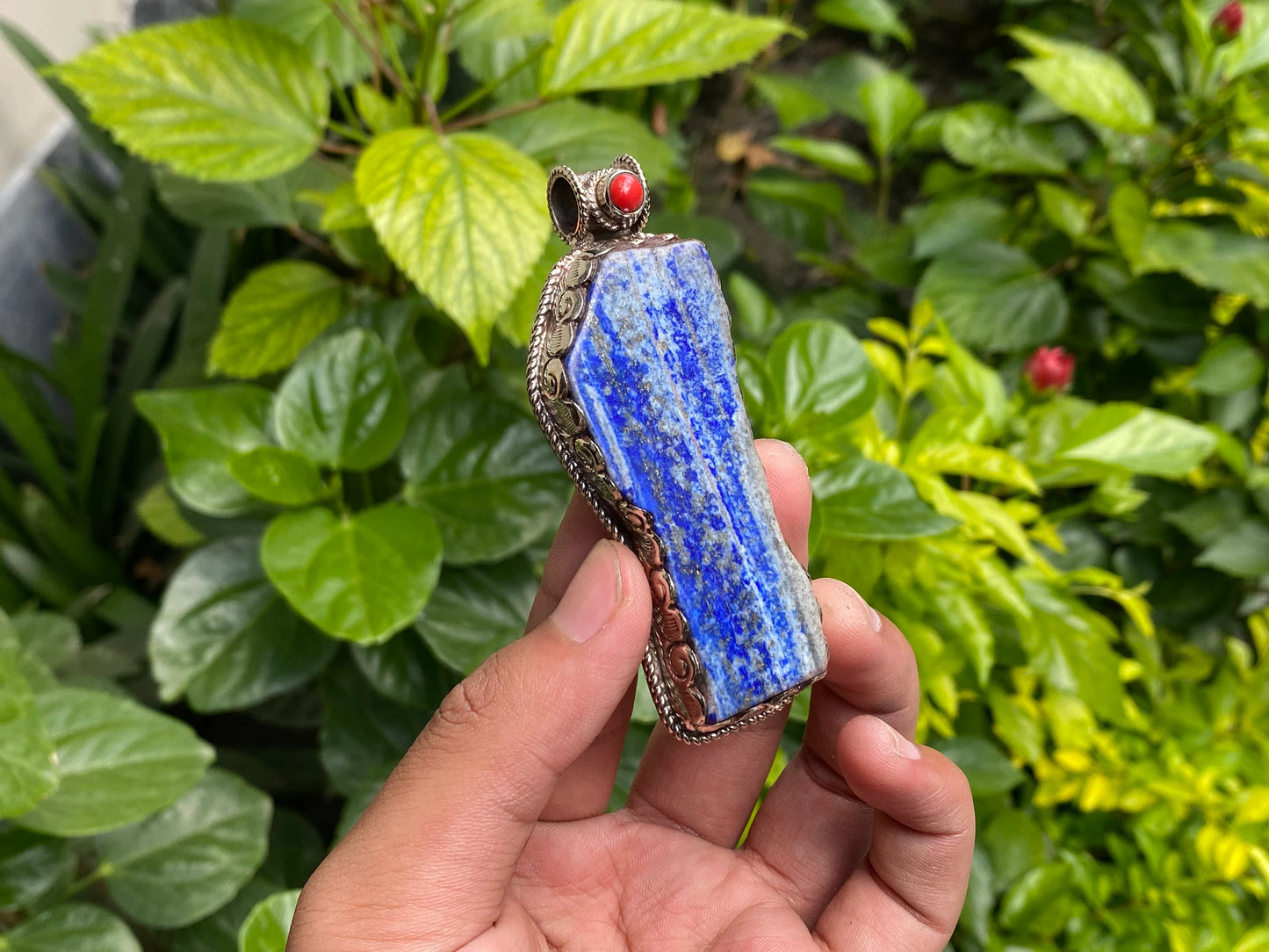 Unique Raw Lapis Pendant adorned with Red Coral and Tibetan Silver, Daily wear Pendant, Handmade Floral Design, Unisex Pendant, Unique gift.