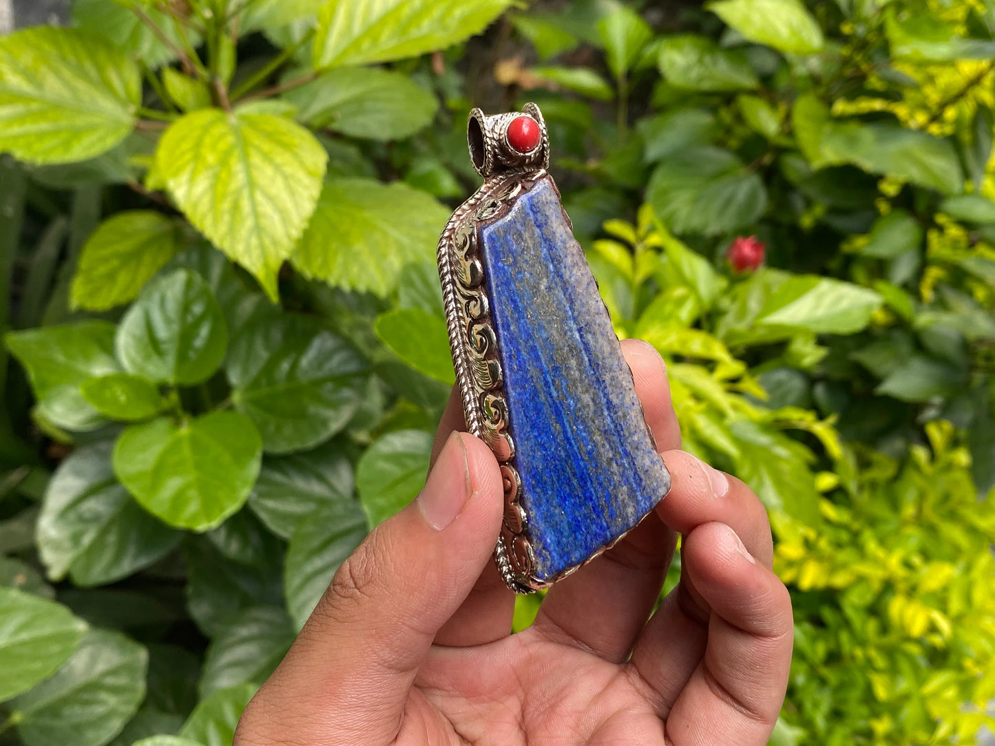 Unique Raw Lapis Pendant adorned with Red Coral and Tibetan Silver, Daily wear Pendant, Handmade Floral Design, Unisex Pendant, Unique gift.