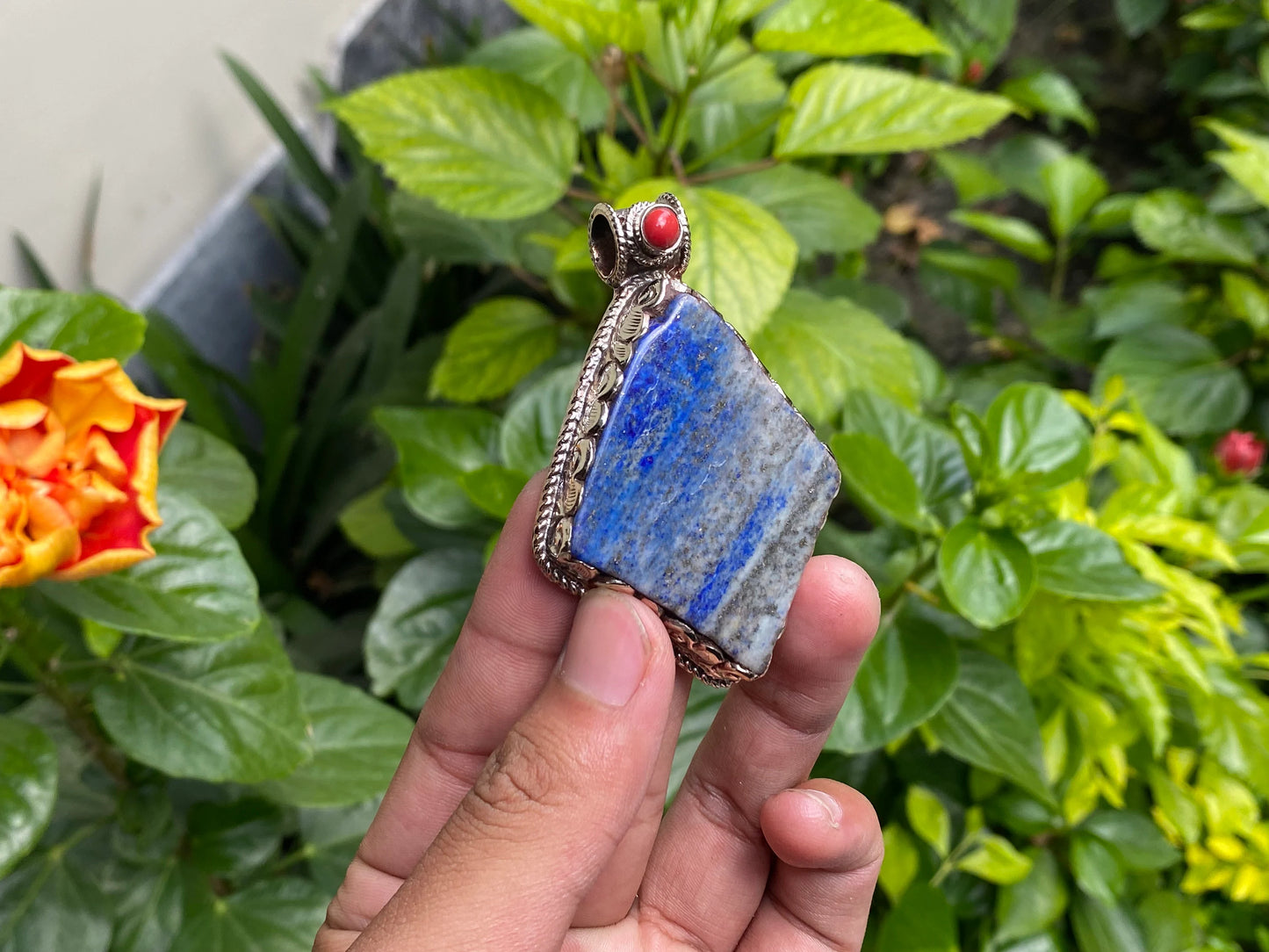 Unique Raw Lapis Pendant adorned with Red Coral and Tibetan Silver, Daily wear Pendant, Handmade Floral Design, Unisex Pendant, Unique gift.