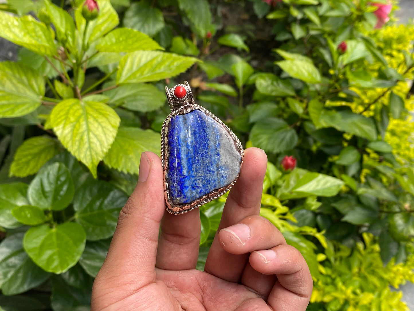 Unique Raw Lapis Pendant adorned with Red Coral and Tibetan Silver, Daily wear Pendant, Handmade Floral Design, Unisex Pendant, Unique gift.