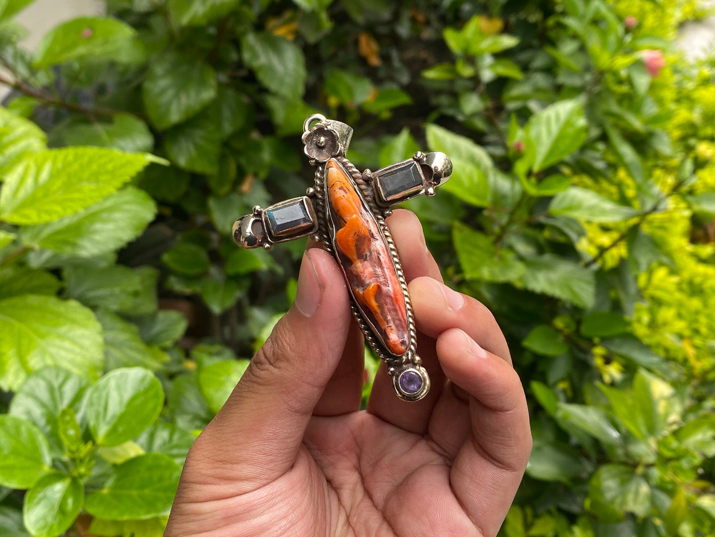 Unique Spiny Orange Oyster & Tibetan Silver Cross Pendant - Boho Chic Jewelry, Daily wear Pendant, Unisex Pendant, Gemstone Pendant.