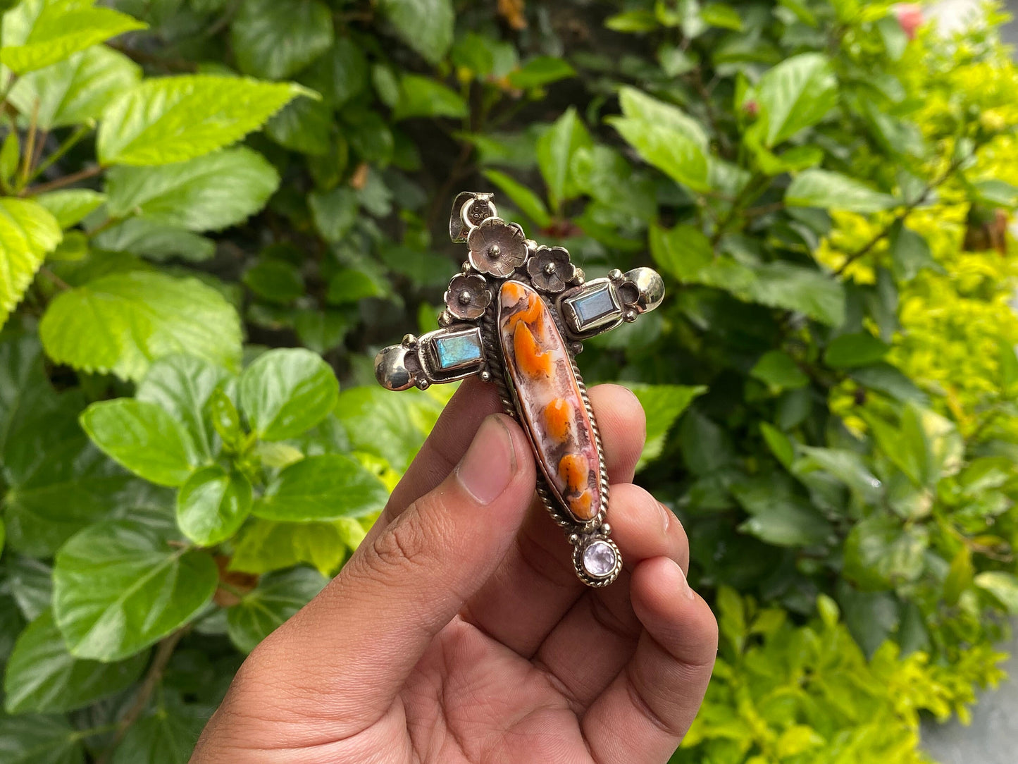 Unique Spiny Orange Oyster & Tibetan Silver Cross Pendant - Boho Chic Jewelry, Daily wear Pendant, Unisex Pendant, Gemstone Pendant.