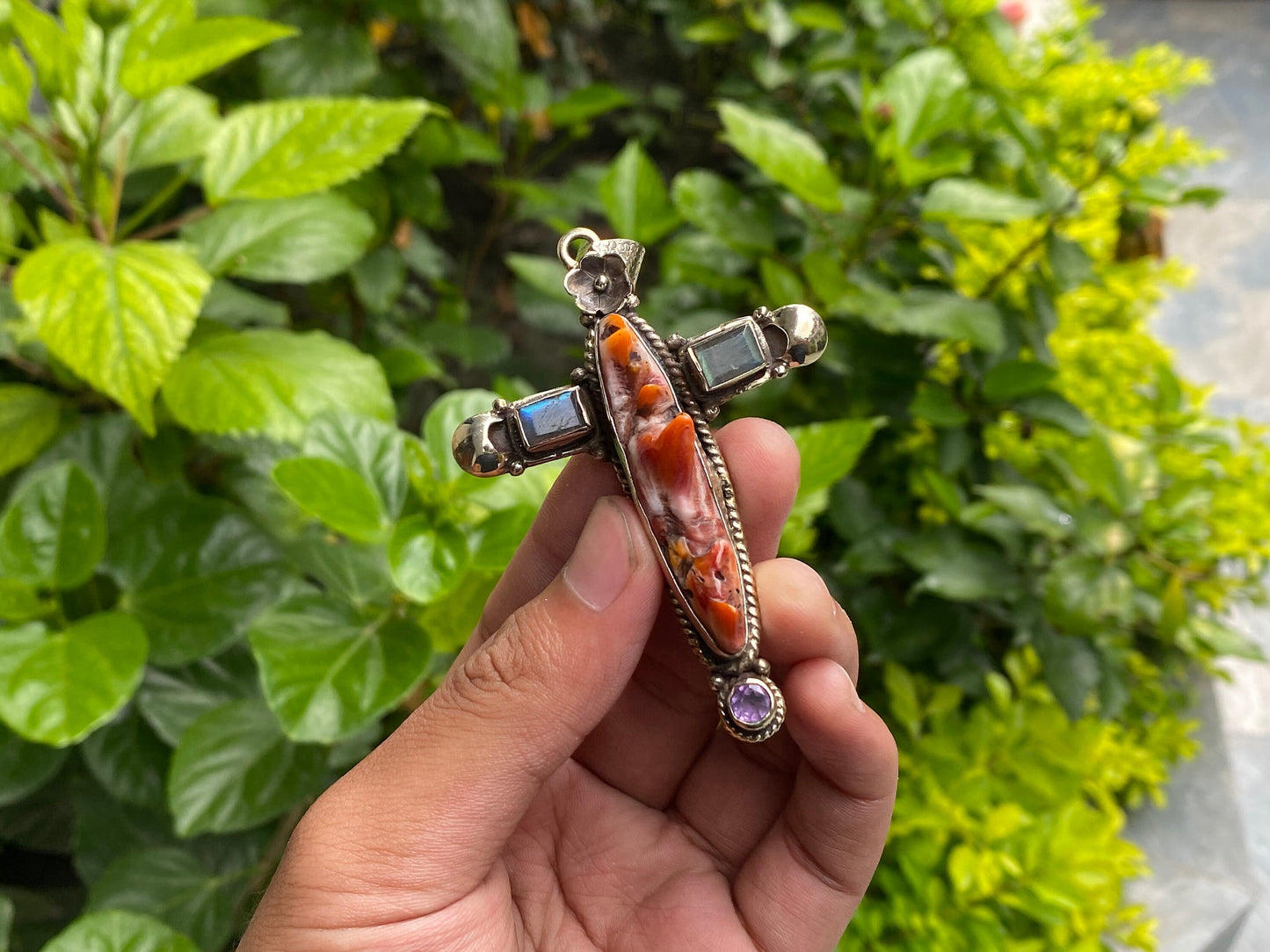 Unique Spiny Orange Oyster & Tibetan Silver Cross Pendant - Boho Chic Jewelry, Daily wear Pendant, Unisex Pendant, Gemstone Pendant.