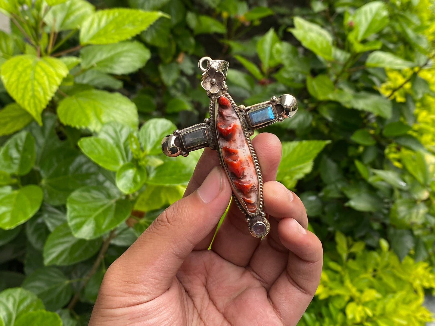 Unique Spiny Orange Oyster & Tibetan Silver Cross Pendant - Boho Chic Jewelry, Daily wear Pendant, Unisex Pendant, Gemstone Pendant.
