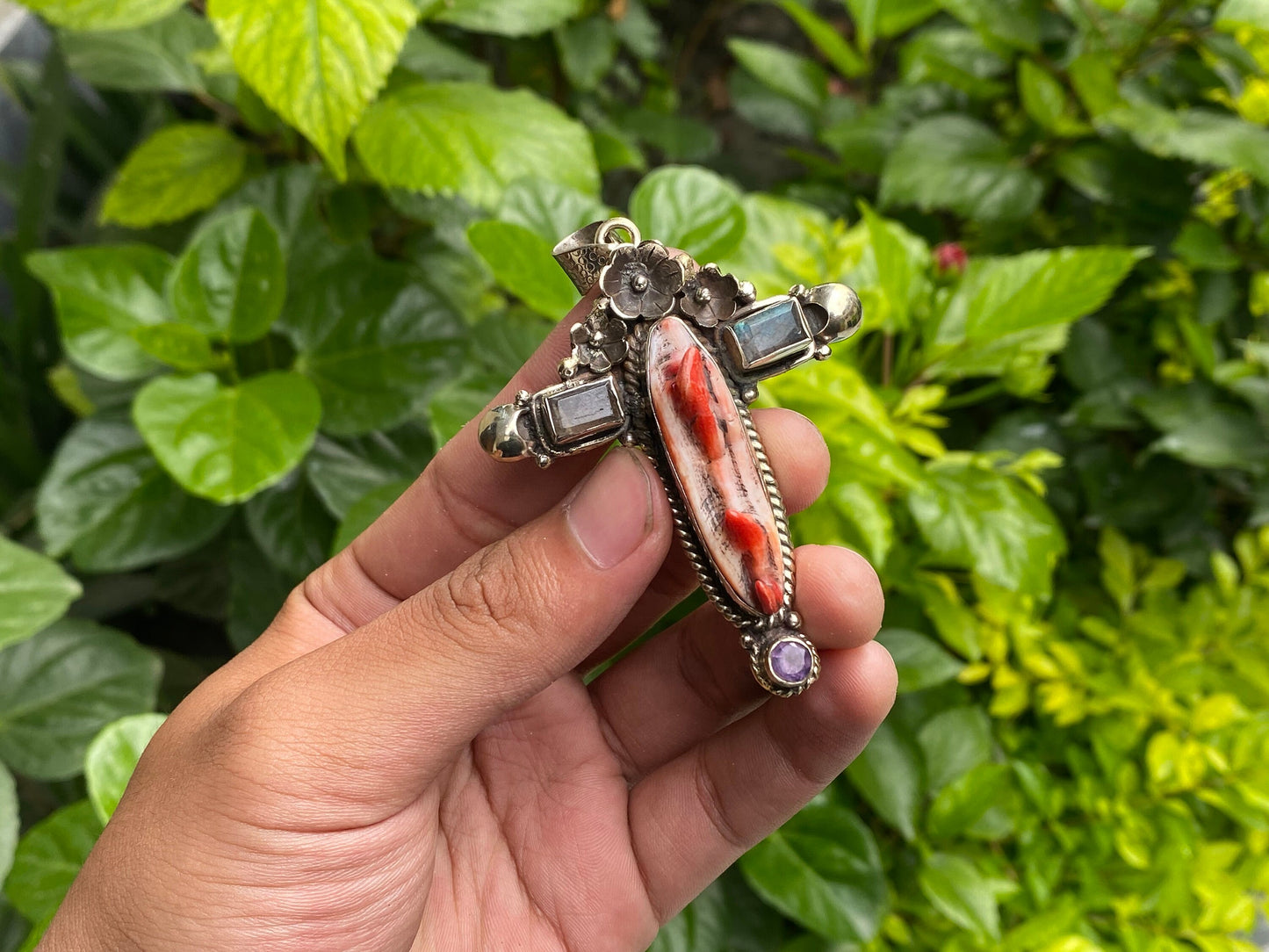 Unique Spiny Orange Oyster & Tibetan Silver Cross Pendant - Boho Chic Jewelry, Daily wear Pendant, Unisex Pendant, Gemstone Pendant.