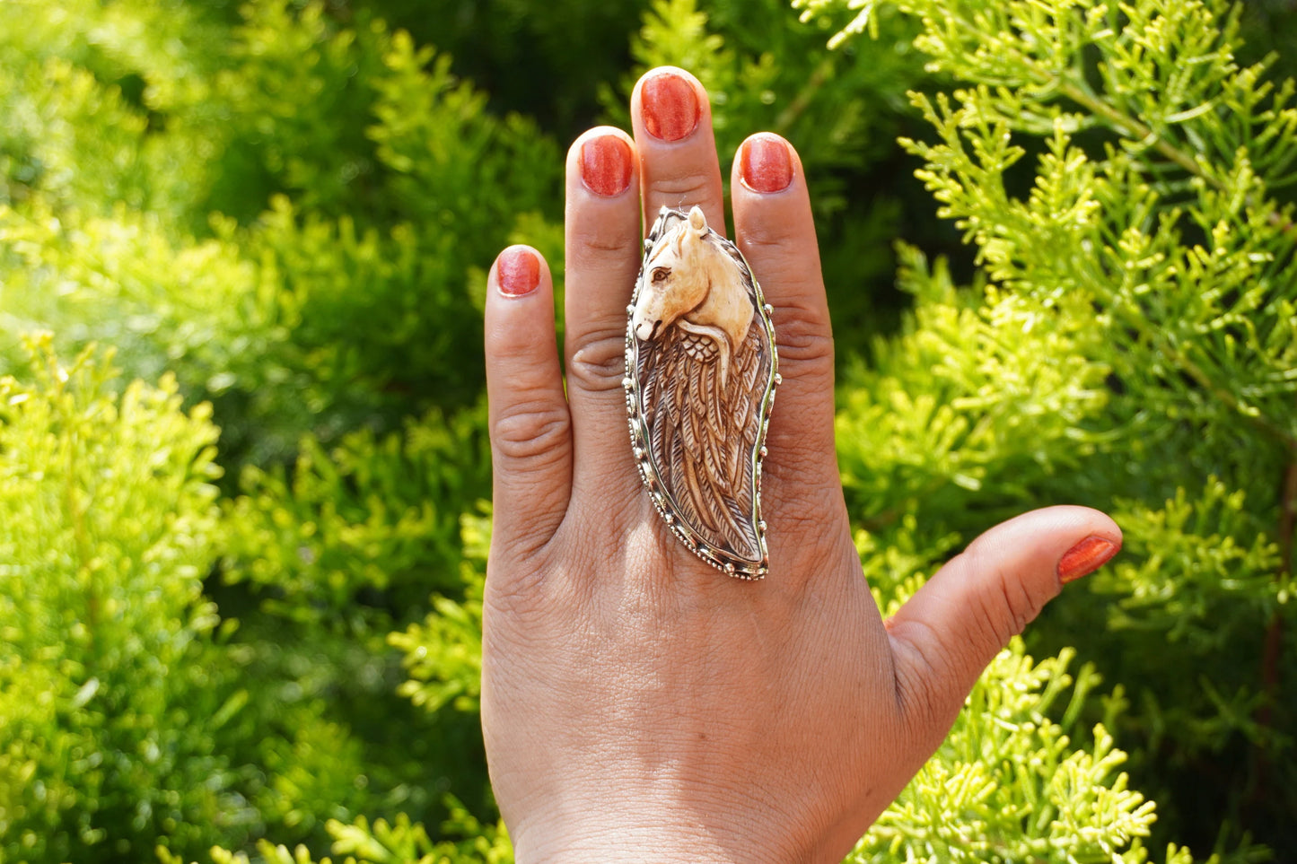 Unique Tibetan Silver Ring: Horse Face and Angel Wing Buffalo Bone Ring – A Symbol of Freedom and Protection, Animal lover Ring, Unique Gift