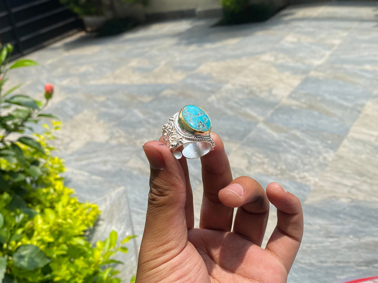 Unique Two-Toned Ring: Brushed Gold & Silver Overlay Over Brass , Unisex Gift Idea, Handmade Ring, Hammered Ring, Adjustable Ring.