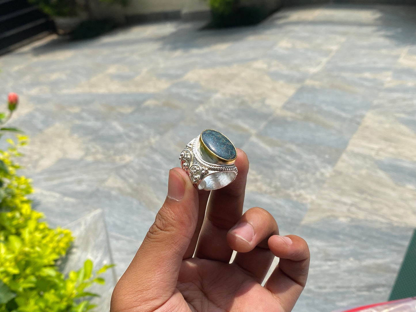 Unique Two-Toned Ring: Brushed Gold & Silver Overlay Over Brass , Unisex Gift Idea, Handmade Ring, Hammered Ring, Adjustable Ring.