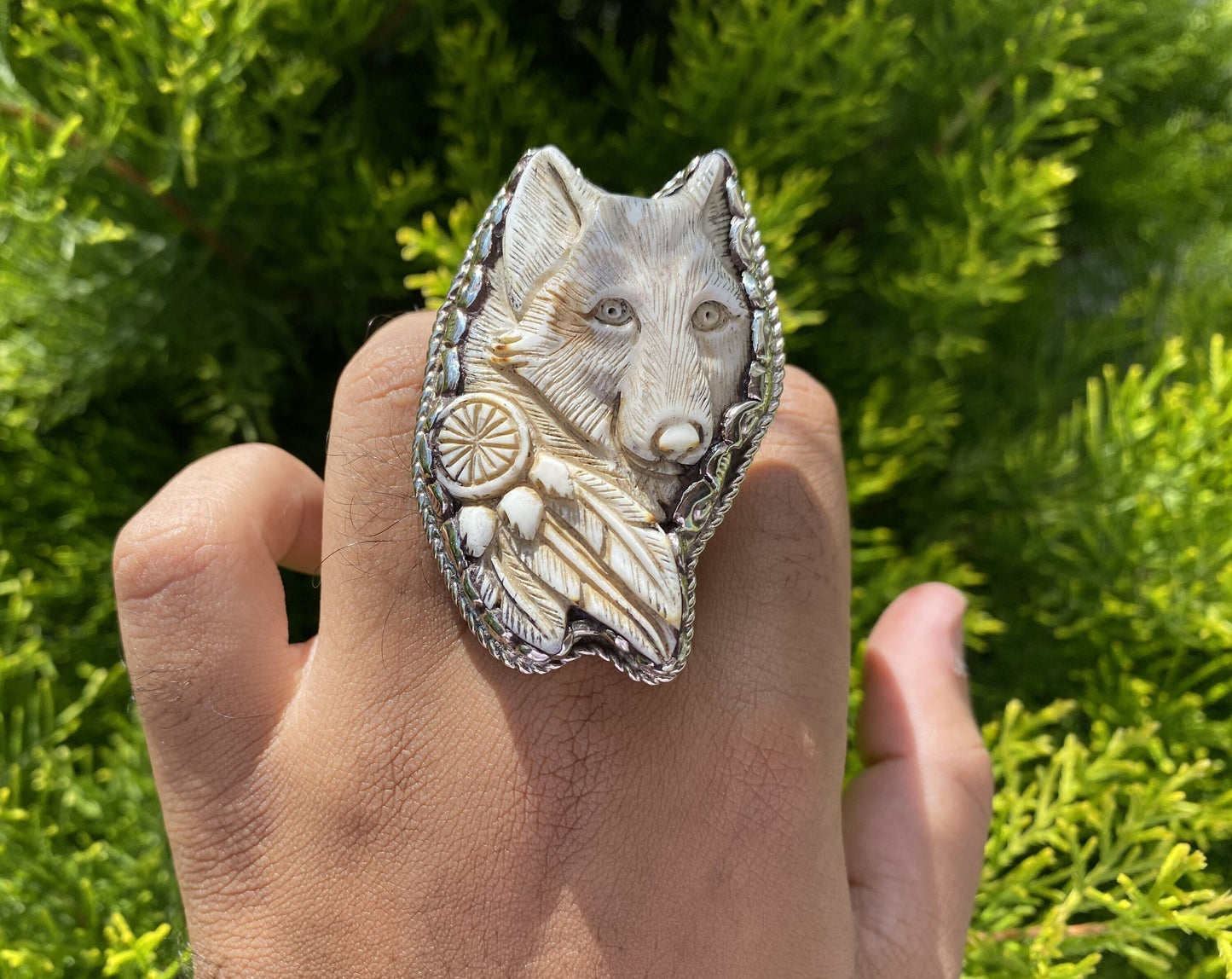 Unique Wolf Head Carved Buffalo Bone in Tibetan Silver Ring, For Daily Wear | Boho Ring, Animal Lover's Jewelry, Unisex Ring, Perfect Gift