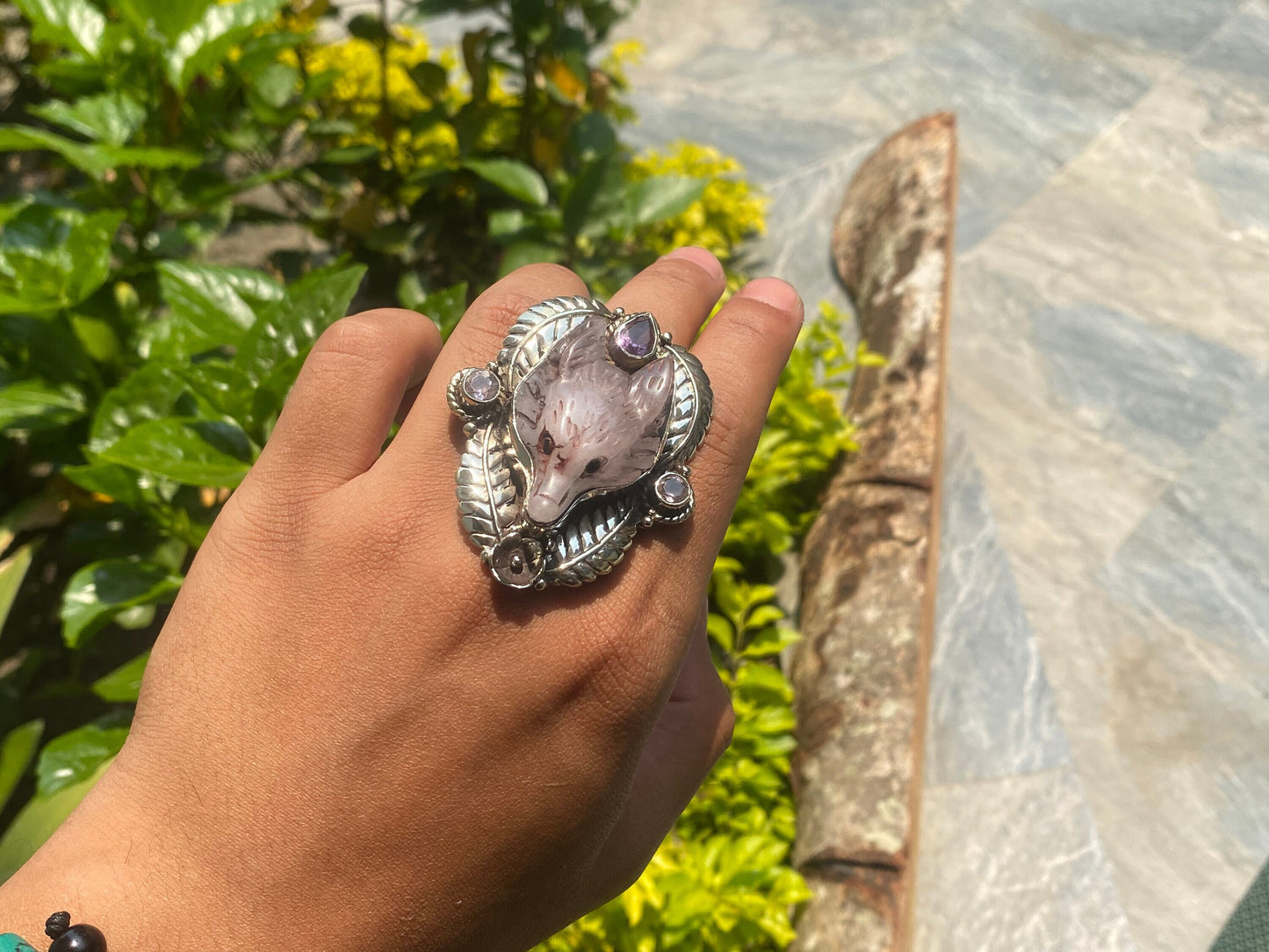 Unique Wolf head Ring, Adjustable Ring, Big Tibetan Silver Ring, Rose Quartz adorned with Natural Amethyst Stone.